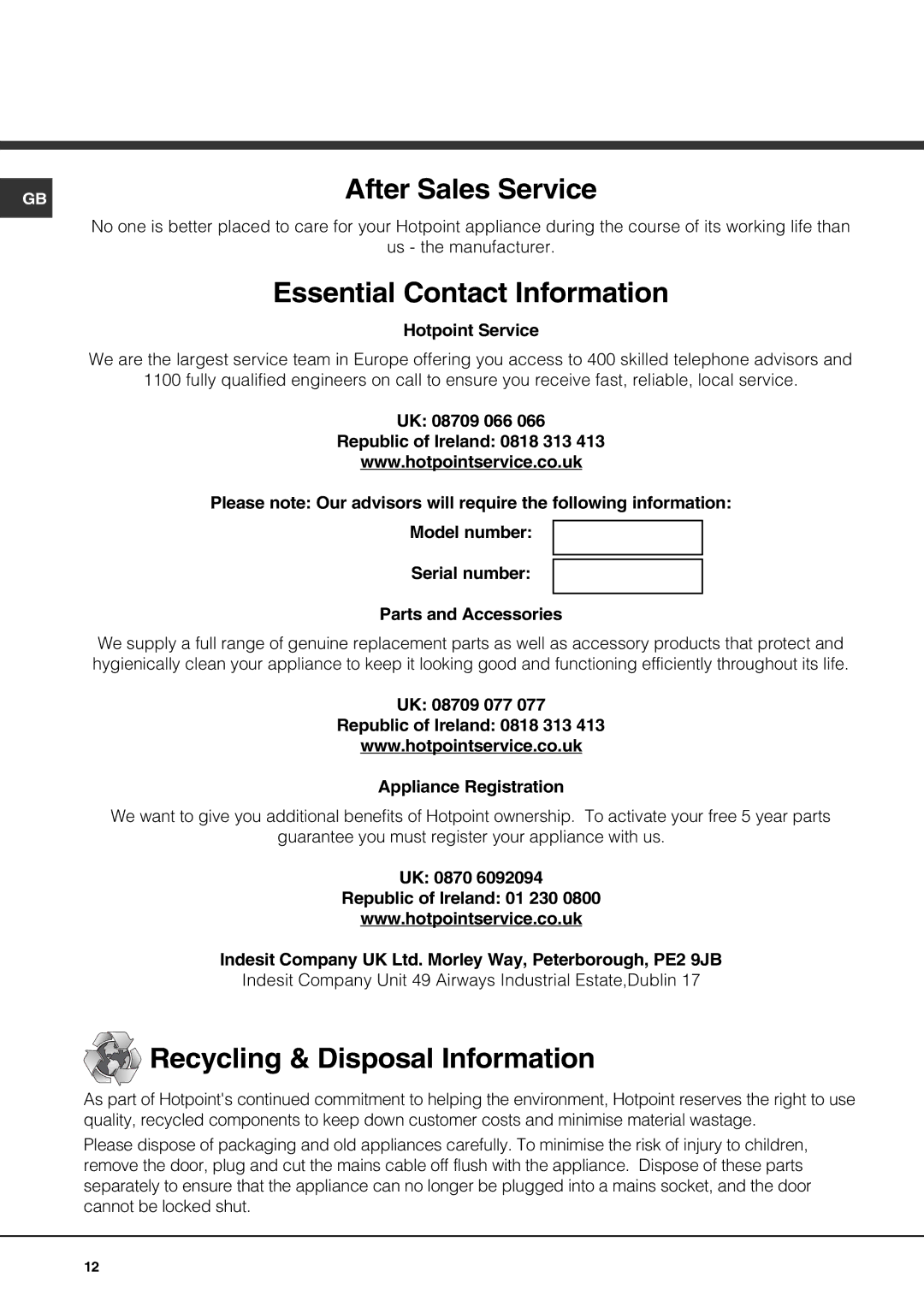 Hotpoint GE750DX operating instructions After Sales Service 