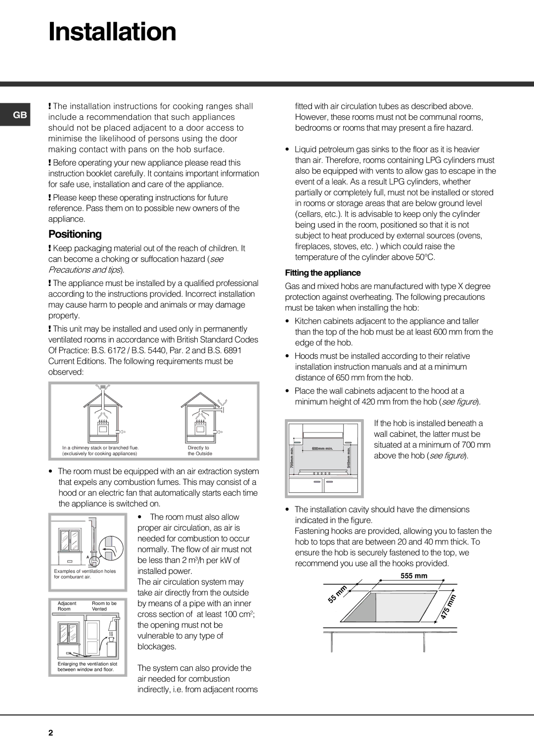 Hotpoint GE750DX operating instructions Installation, Positioning 