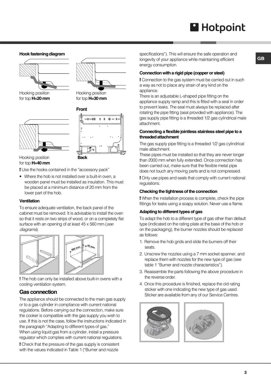 Hotpoint GE750DX operating instructions Gas connection 