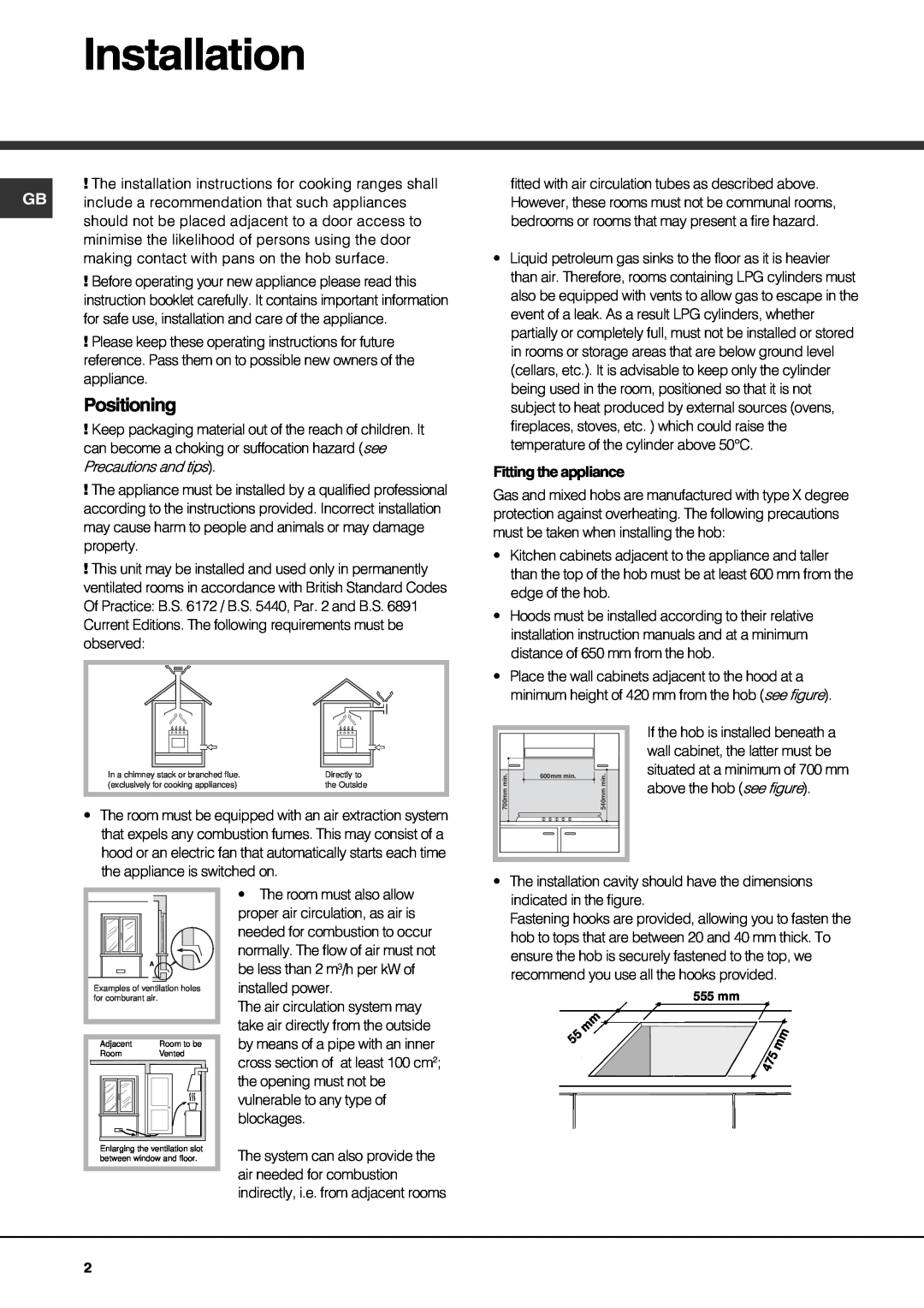 Hotpoint GE750DX operating instructions Installation, Positioning 