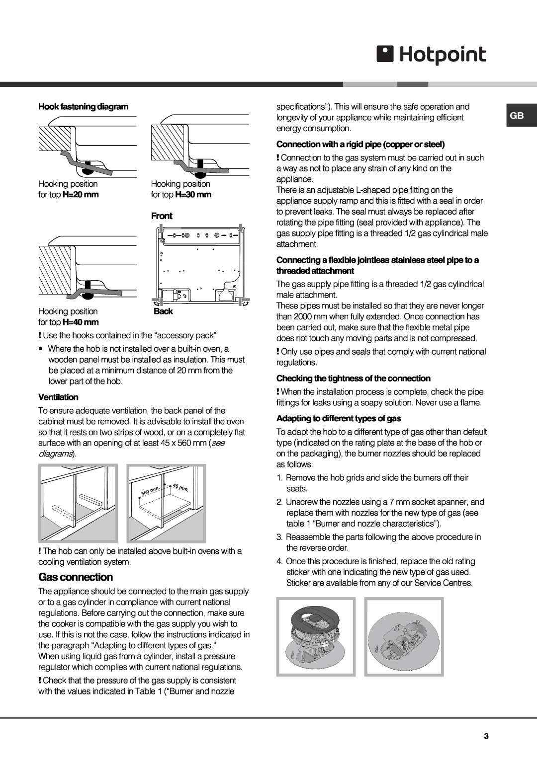 Hotpoint GE750DX operating instructions Gas connection 