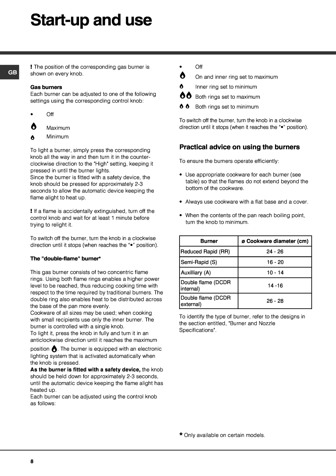 Hotpoint GE750DX operating instructions Start-upand use, Practical advice on using the burners 