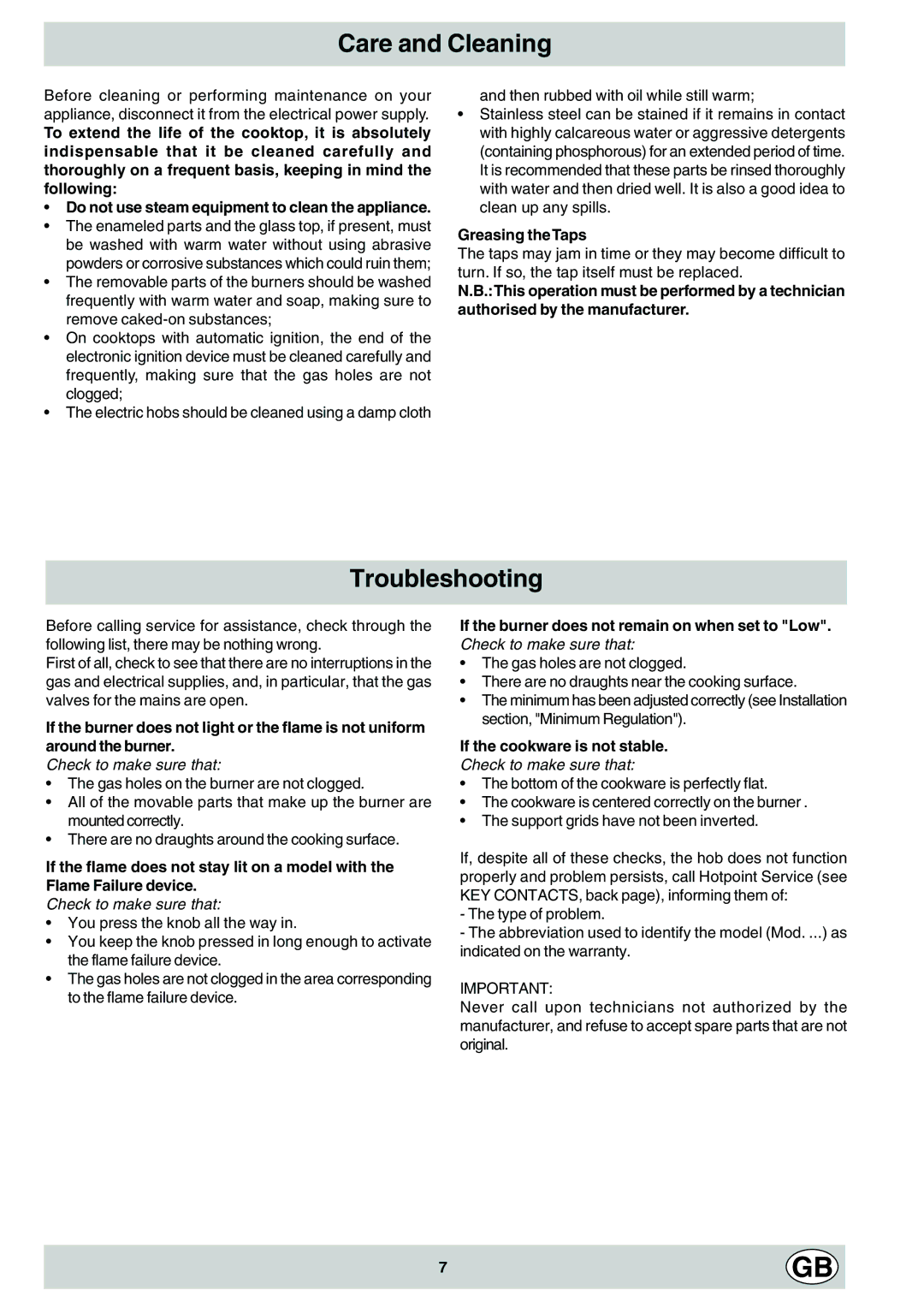 Hotpoint GF640, GF641 manual Care and Cleaning, Troubleshooting, Greasing theTaps, If the cookware is not stable 