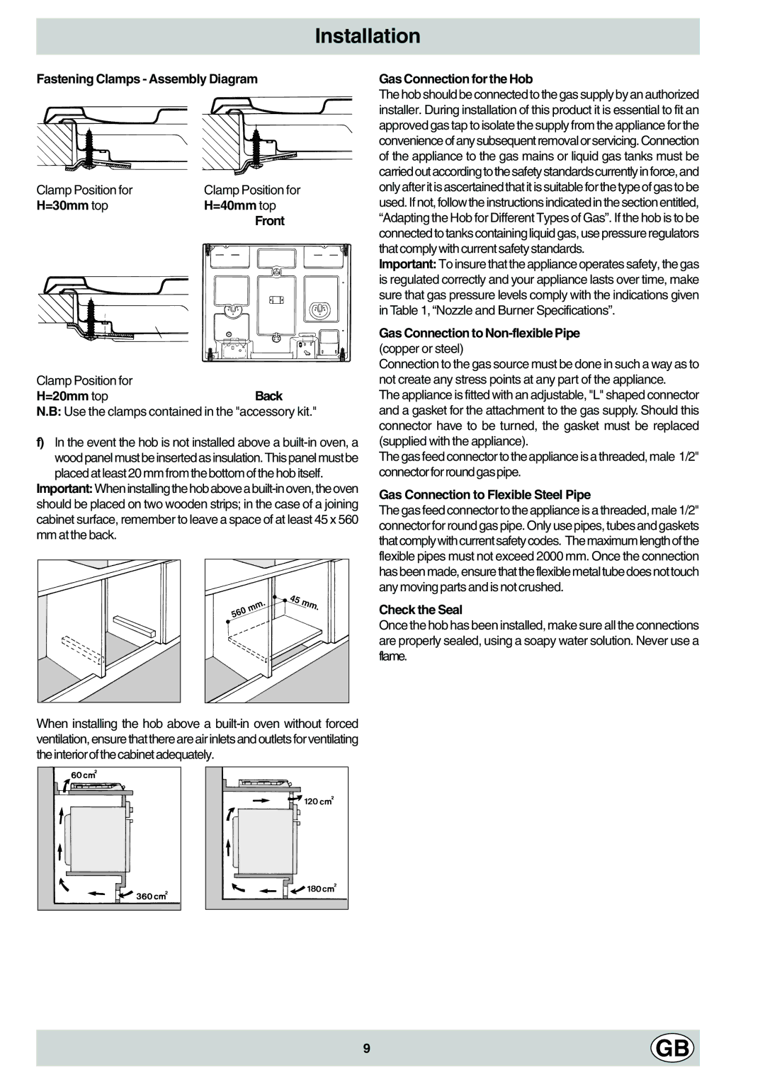 Hotpoint GF640 Fastening Clamps Assembly Diagram, =30mm top =40mm top Front, =20mm topBack, Gas Connection for the Hob 