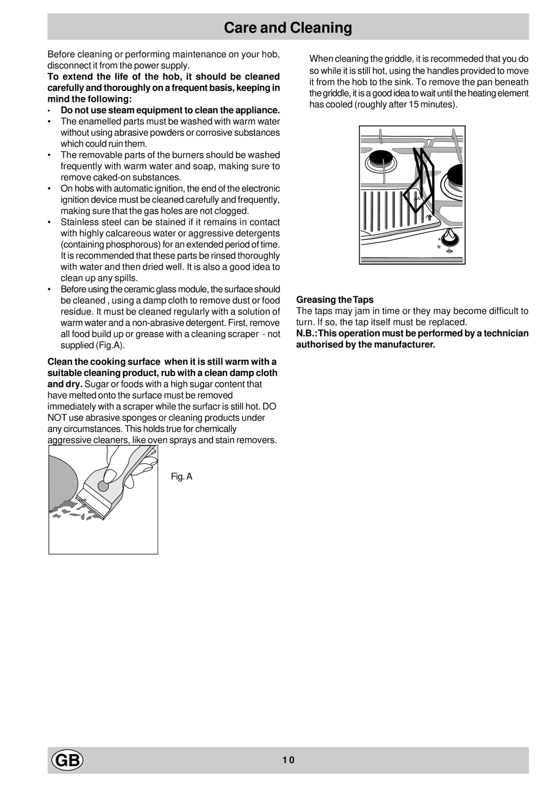 Hotpoint GF941, GF960 manual Care and Cleaning, Greasing the Taps 