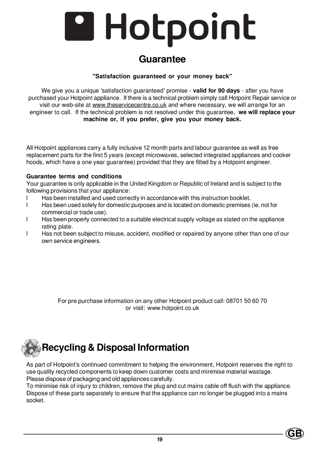 Hotpoint GF960, GF941 manual Guarantee, Recycling & Disposal Information 