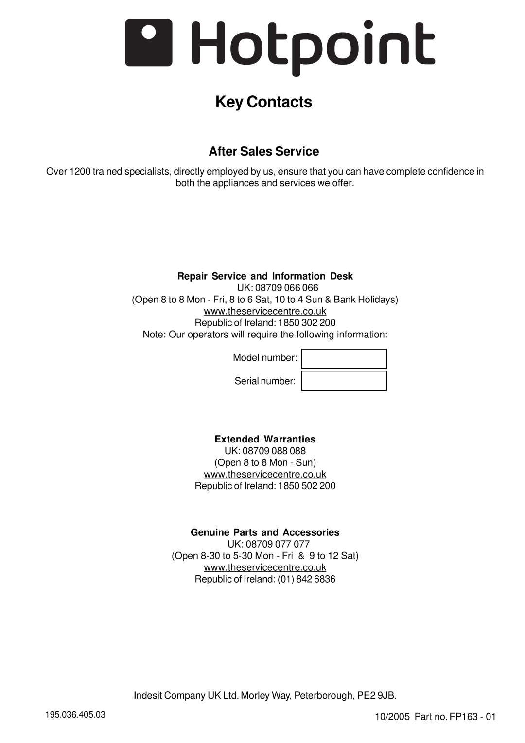 Hotpoint GF941, GF960 manual Key Contacts, After Sales Service 
