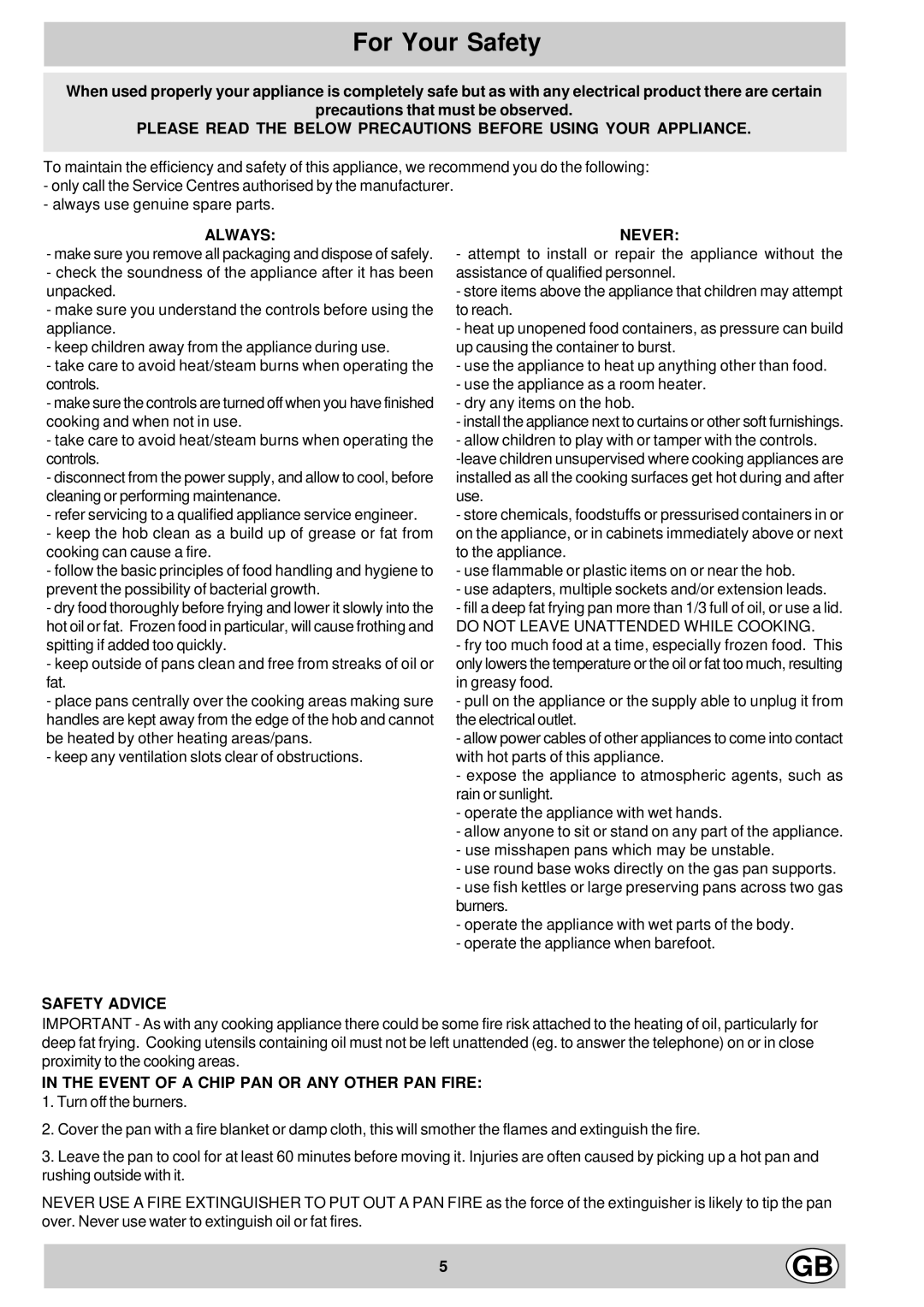 Hotpoint GF960, GF941 manual For Your Safety, Always 