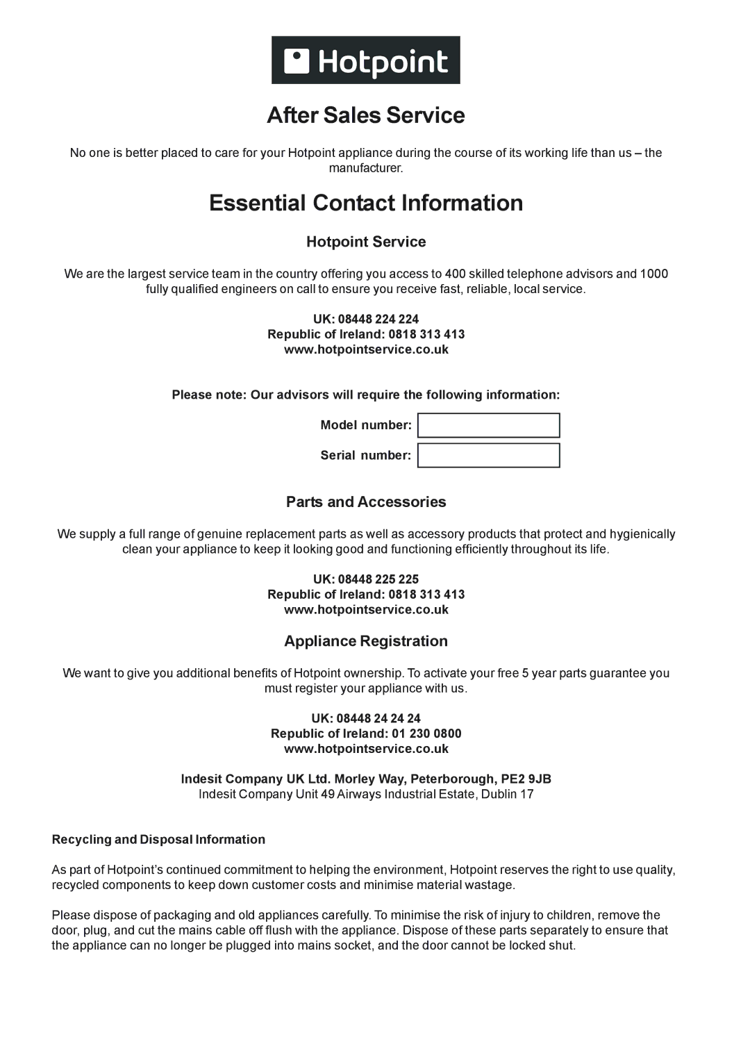 Hotpoint GP641X specifications Hotpoint Service, Parts and Accessories, Appliance Registration 