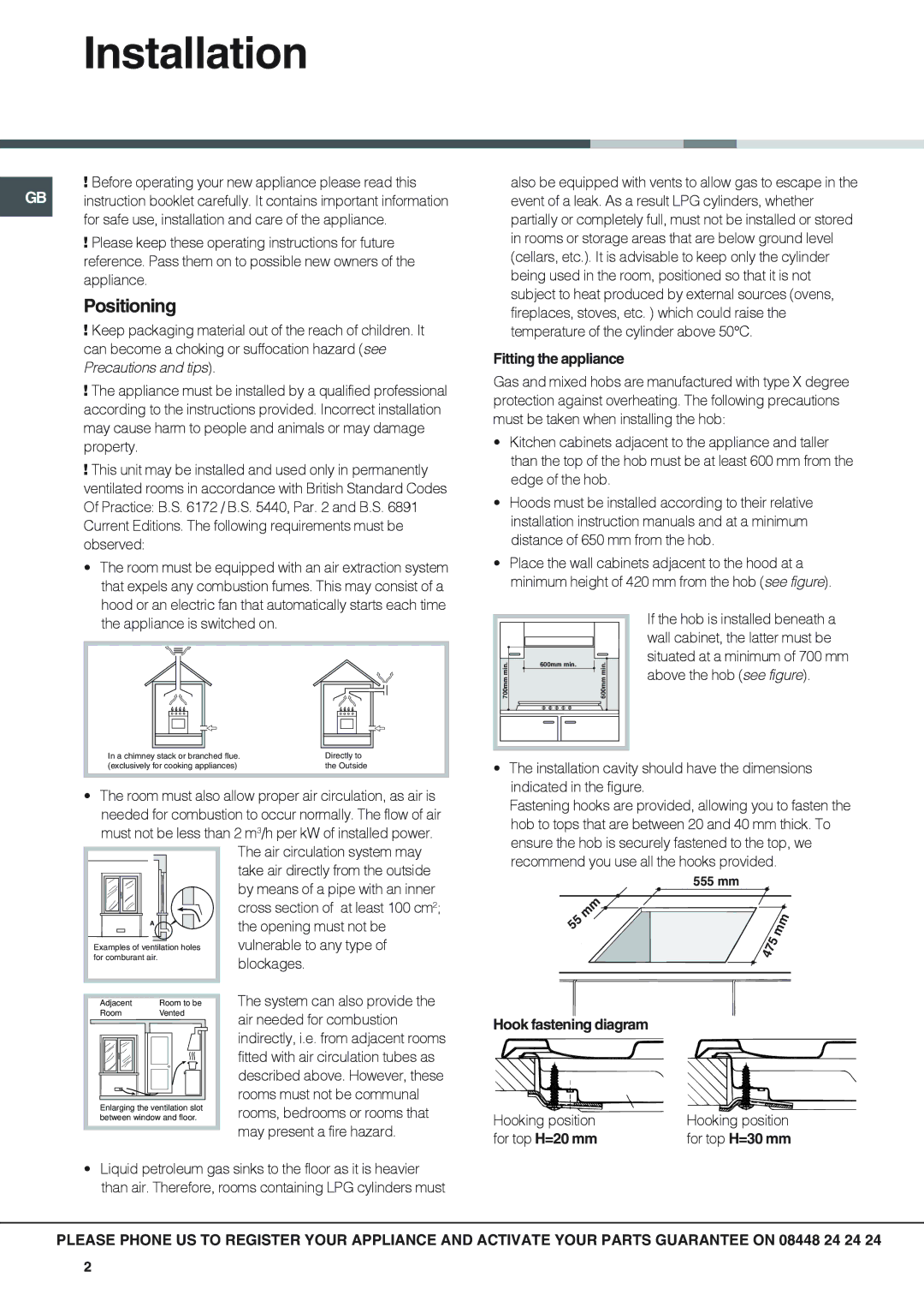 Hotpoint GP641X specifications Installation, Positioning, Fitting the appliance, Hook fastening diagram 