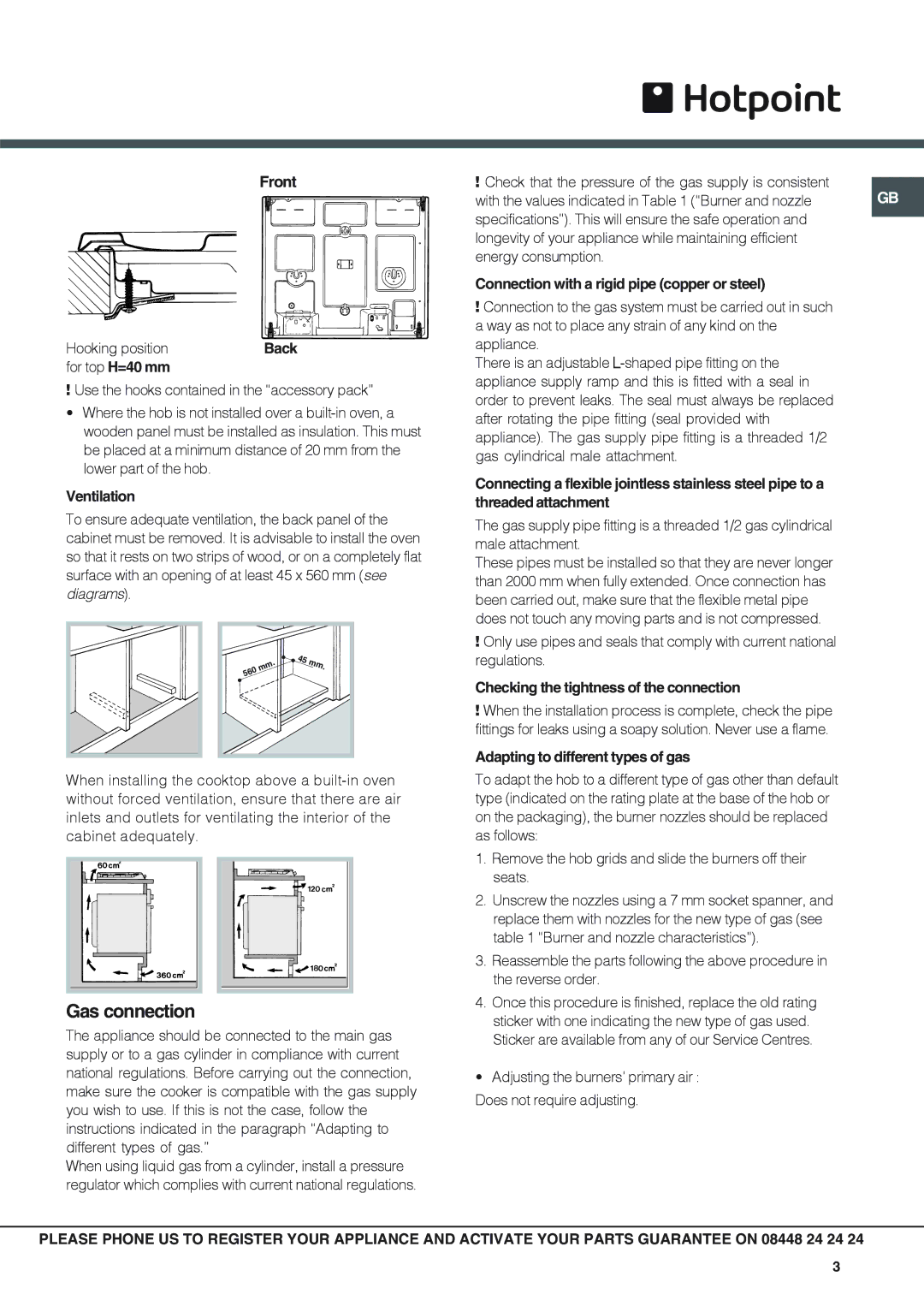 Hotpoint GP641X specifications Gas connection 