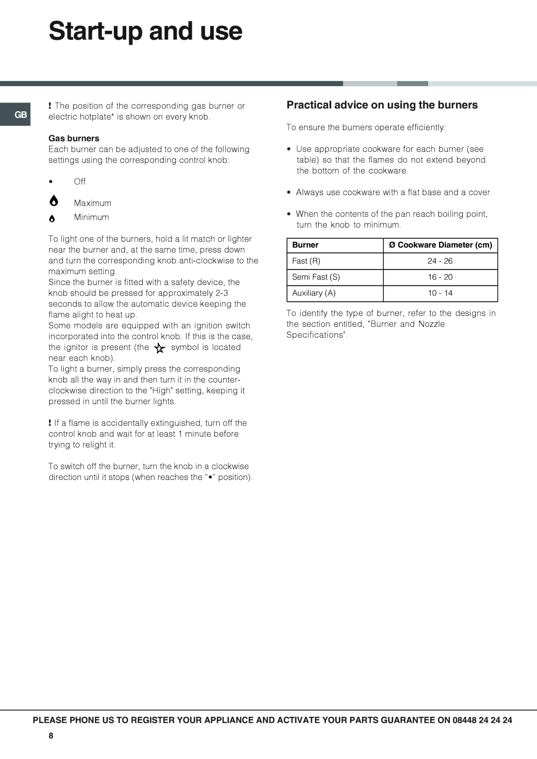 Hotpoint GP641X specifications Start-up and use, Practical advice on using the burners, Gas burners 