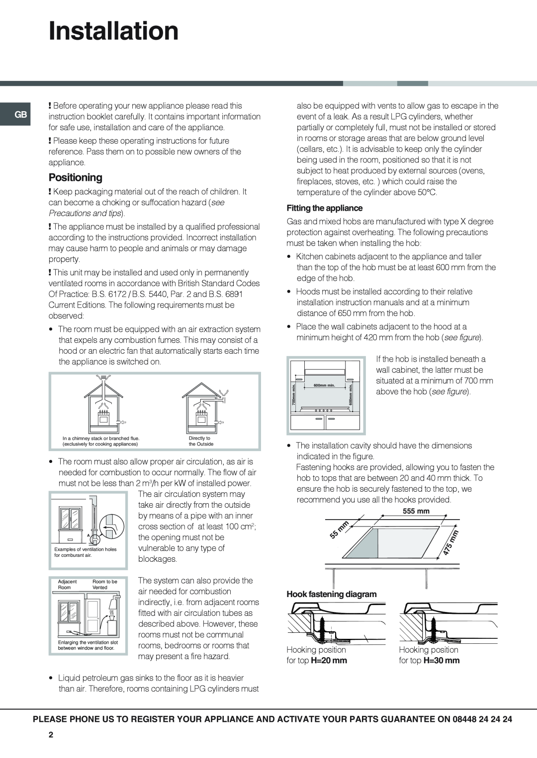 Hotpoint GP641X specifications Installation, Positioning 