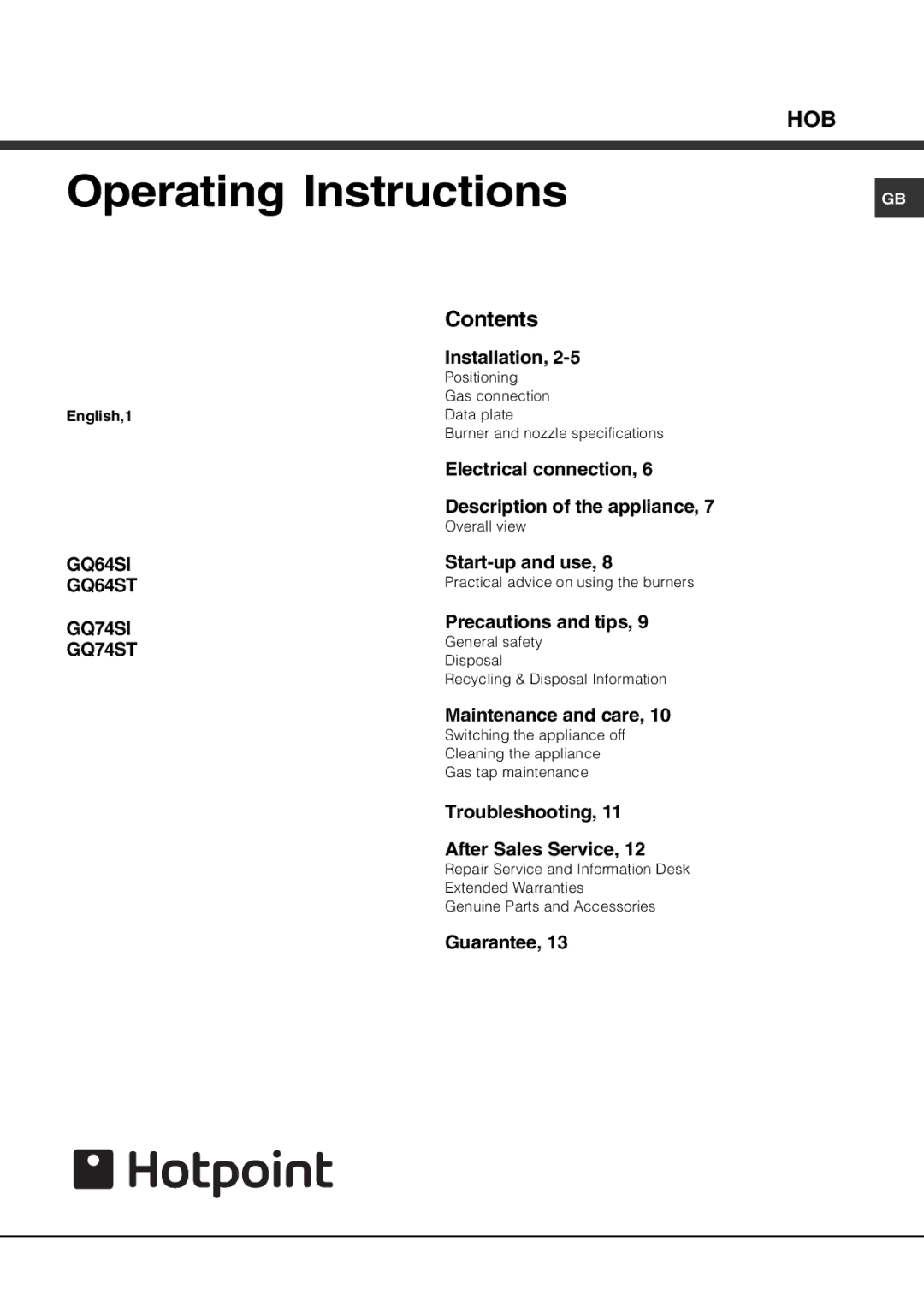 Hotpoint GQ64SI, GQ74SI, GQ74ST, GQ64ST specifications Operating Instructions, Contents 