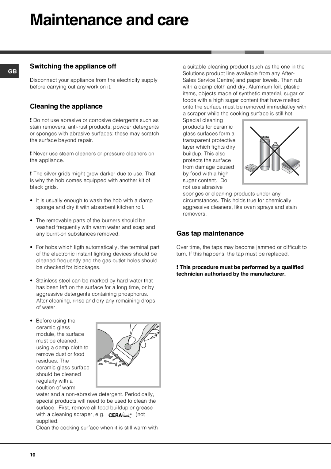 Hotpoint GQ74ST, GQ74SI Maintenance and care, Switching the appliance off, Cleaning the appliance, Gas tap maintenance 