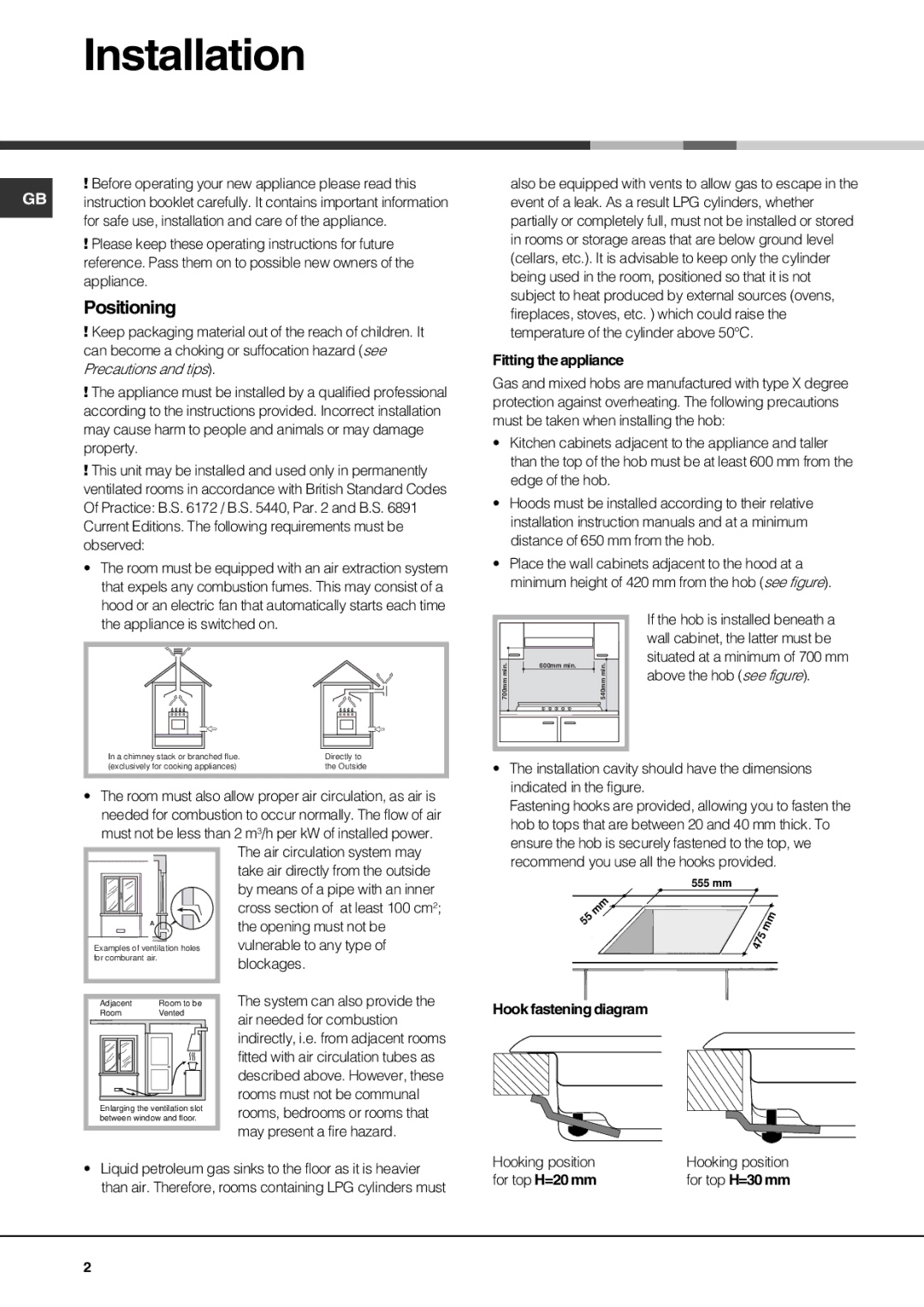 Hotpoint GQ74ST, GQ74SI, GQ64SI, GQ64ST specifications Installation, Positioning 