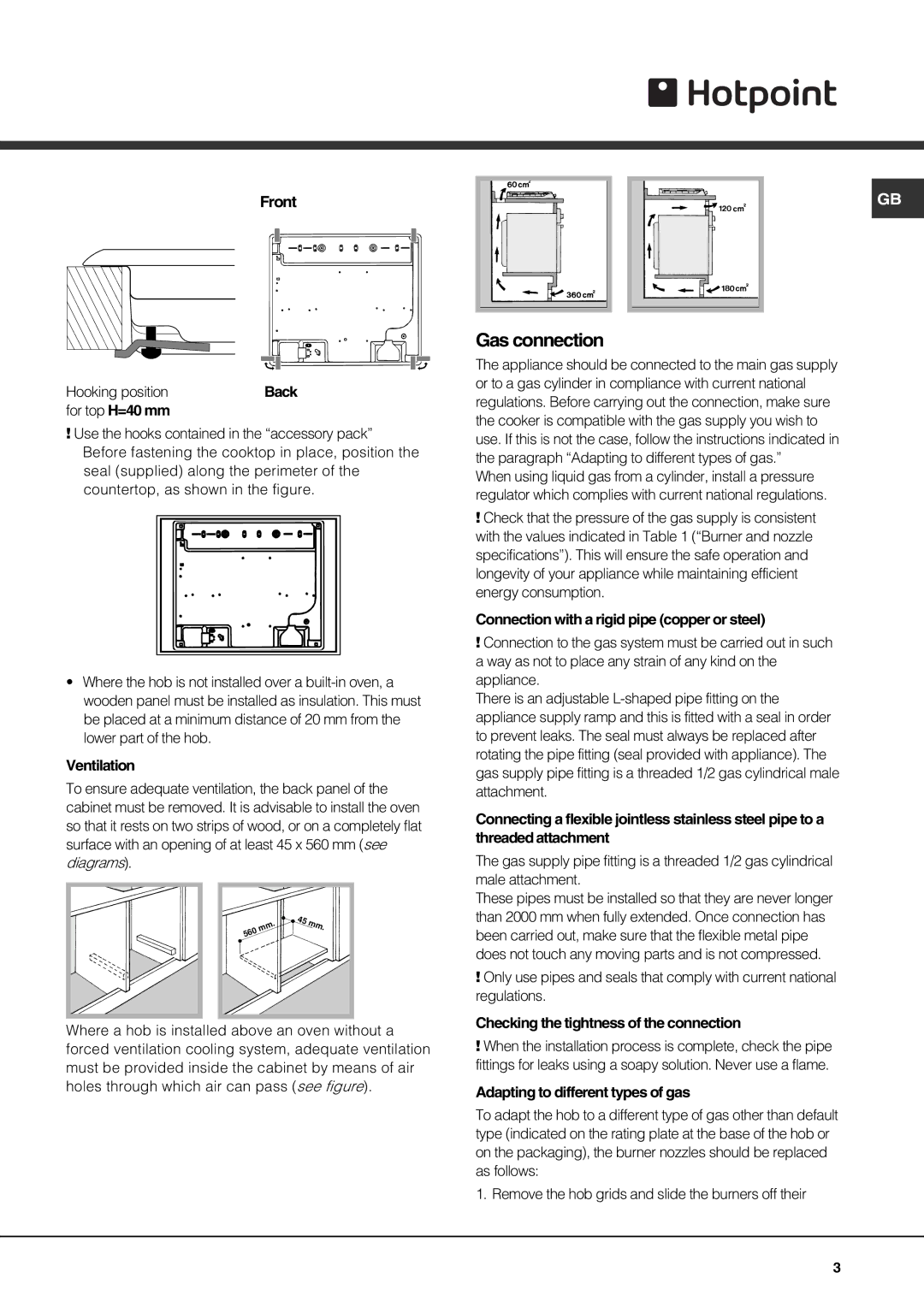 Hotpoint GQ64ST, GQ74SI, GQ64SI, GQ74ST specifications Gas connection 