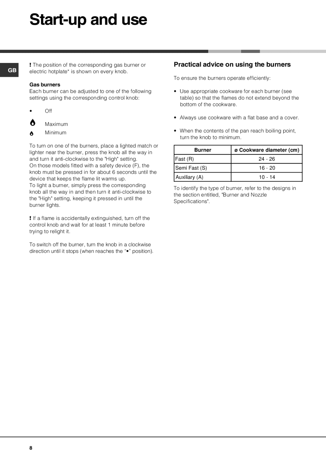 Hotpoint GQ74SI, GQ64SI, GQ74ST, GQ64ST specifications Start-up and use, Practical advice on using the burners 