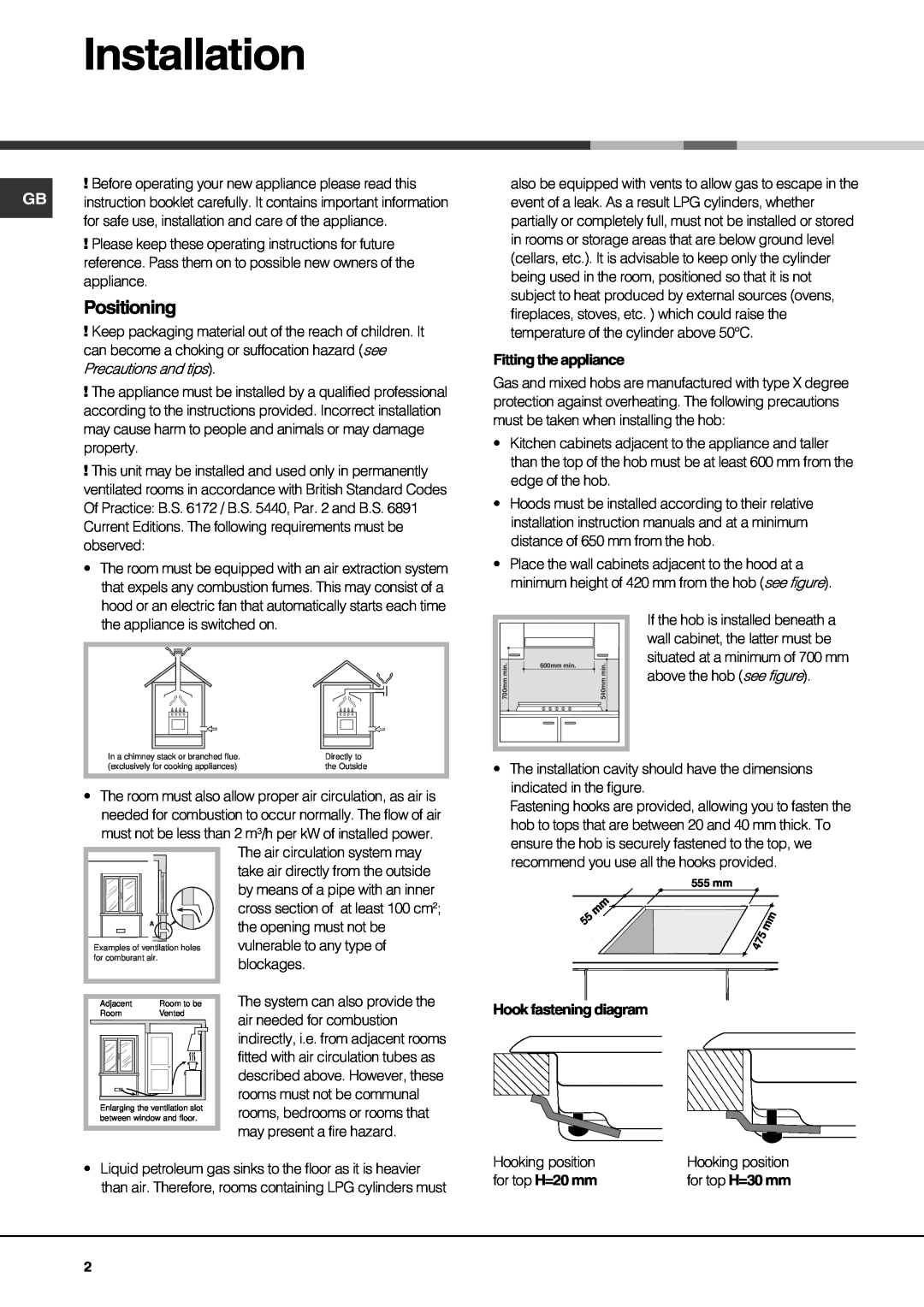 Hotpoint GQ74ST, GQ74SI, GQ64SI, GQ64ST specifications Installation, Positioning 