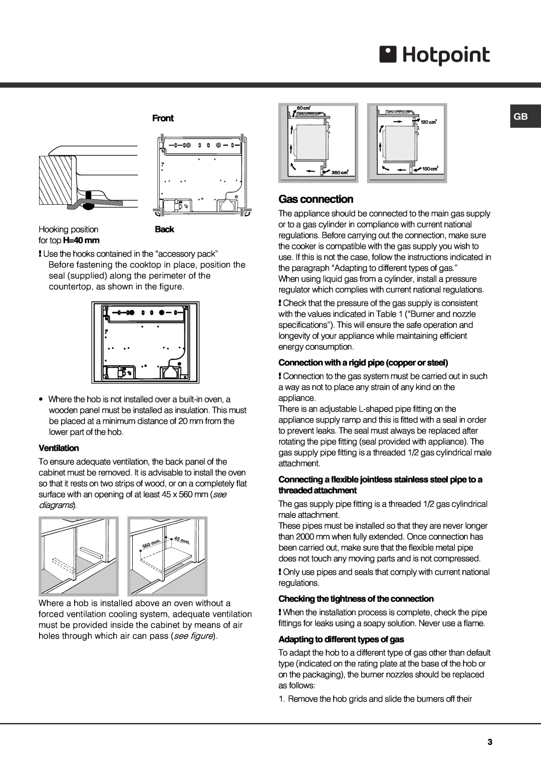 Hotpoint GQ64ST, GQ74SI, GQ64SI, GQ74ST specifications Gas connection, Back 