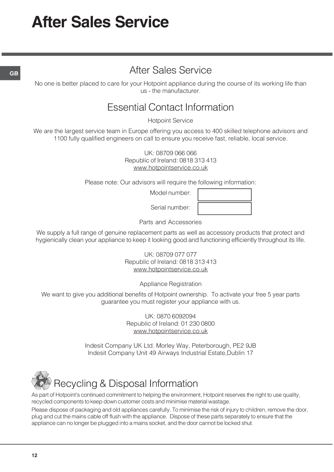 Hotpoint GQ751TSI, GE75DX, GQ641TSI specifications After Sales Service 