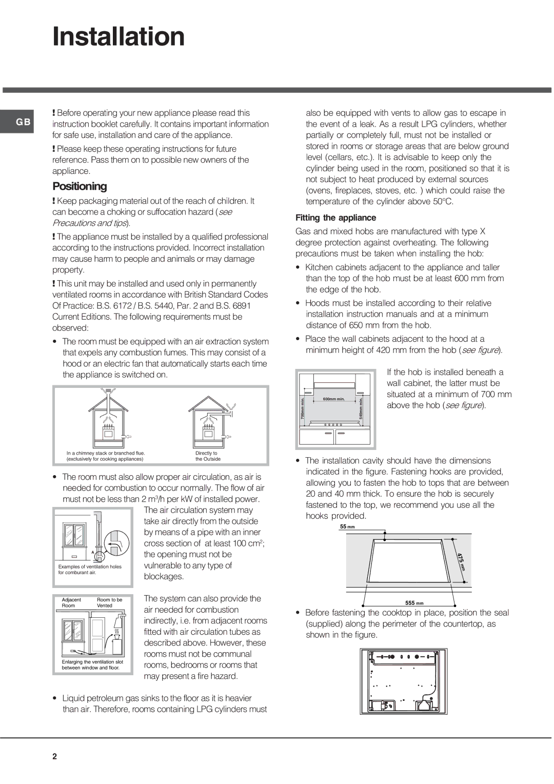 Hotpoint GQ641TSI, GQ751TSI, GE75DX specifications Installation, Positioning 