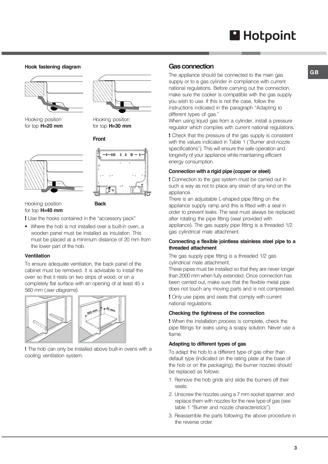 Hotpoint GQ751TSI, GE75DX, GQ641TSI specifications Gas connection 