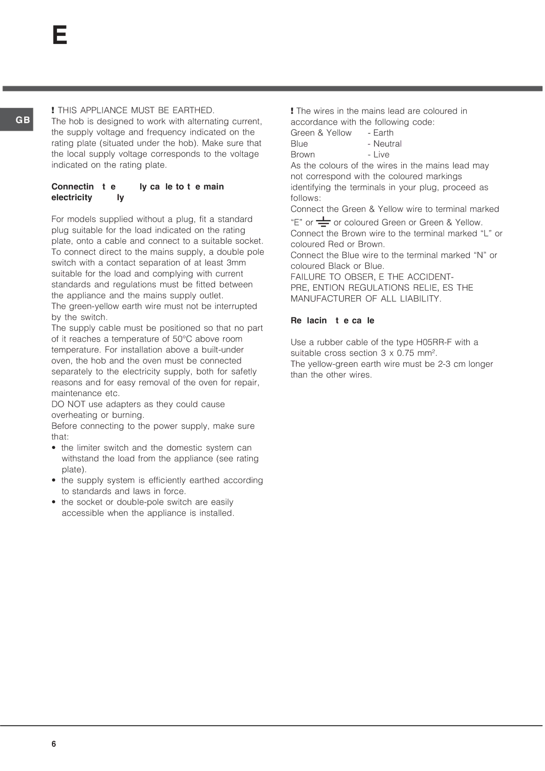 Hotpoint GQ751TSI, GE75DX, GQ641TSI specifications Electrical Connection, This Appliance Must be Earthed 