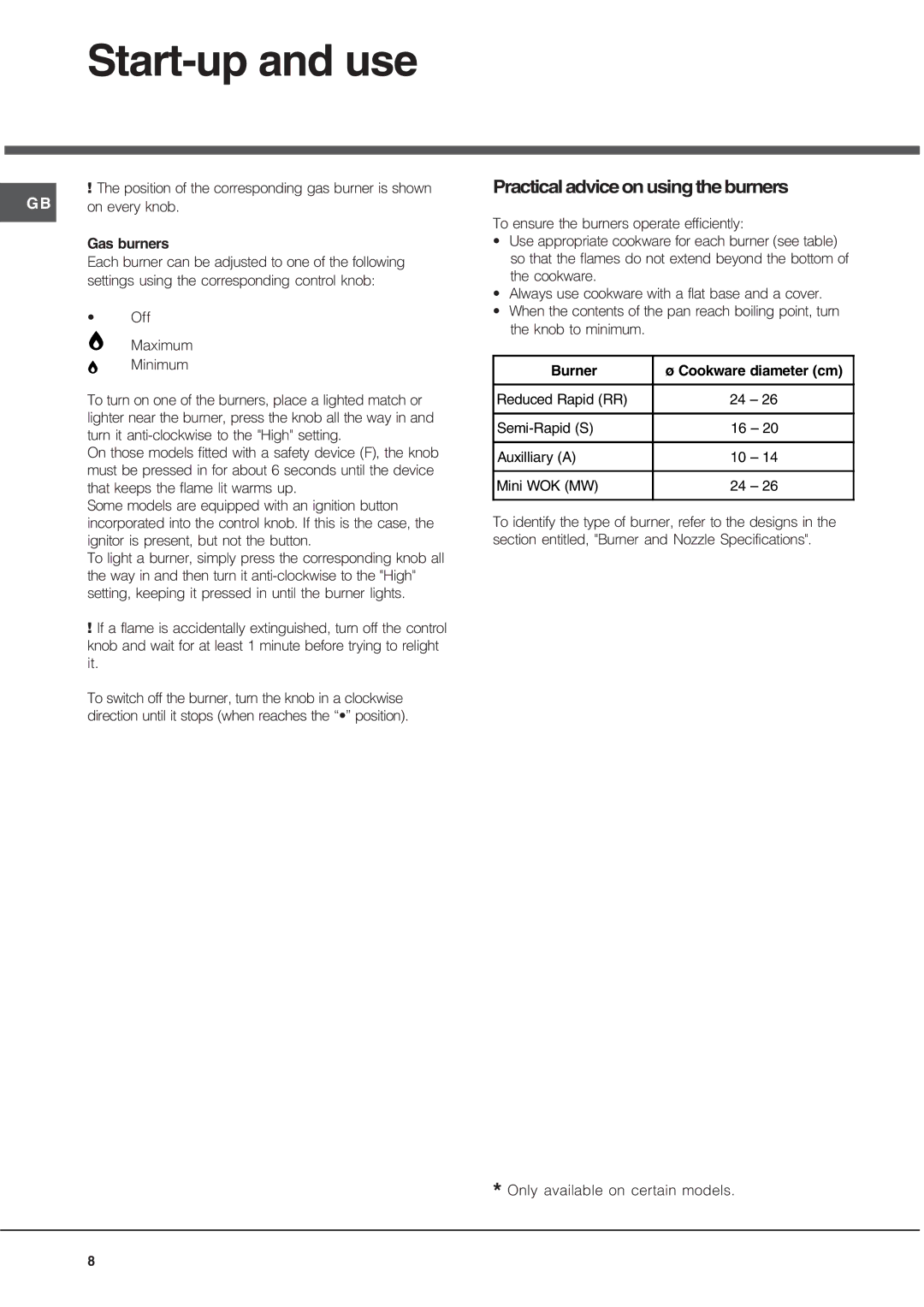 Hotpoint GQ641TSI, GQ751TSI, GE75DX specifications Start-up and use, Practical advice on using the burners 