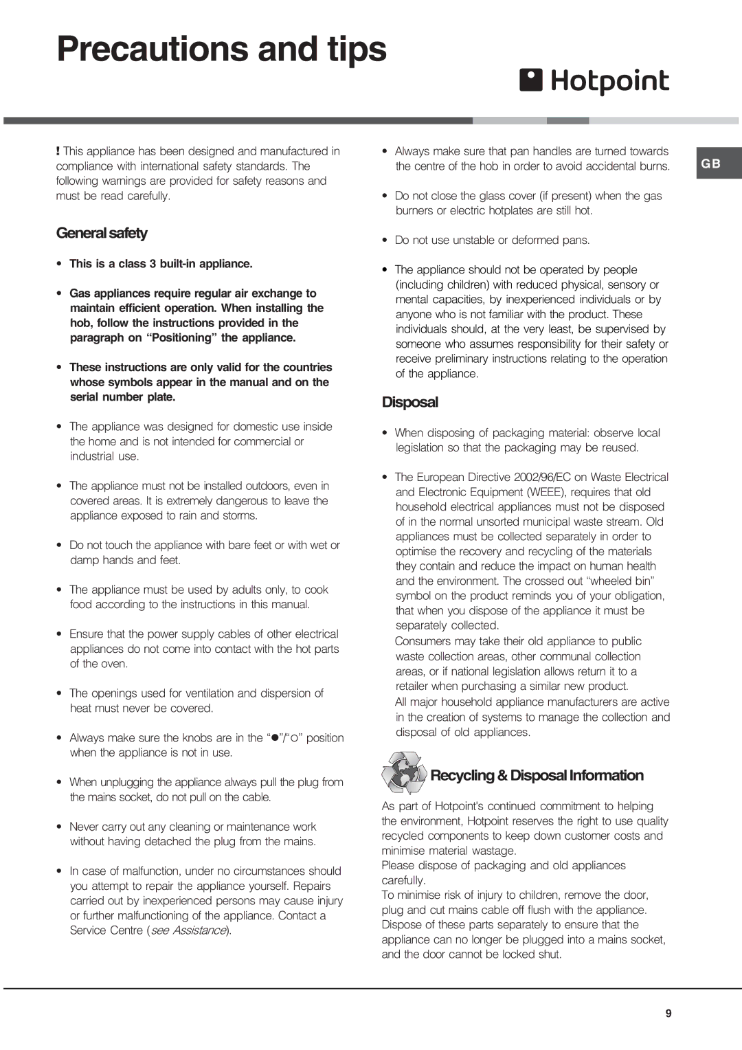 Hotpoint GQ751TSI, GE75DX, GQ641TSI specifications Precautions and tips, Generalsafety, Recycling&Disposal Information 