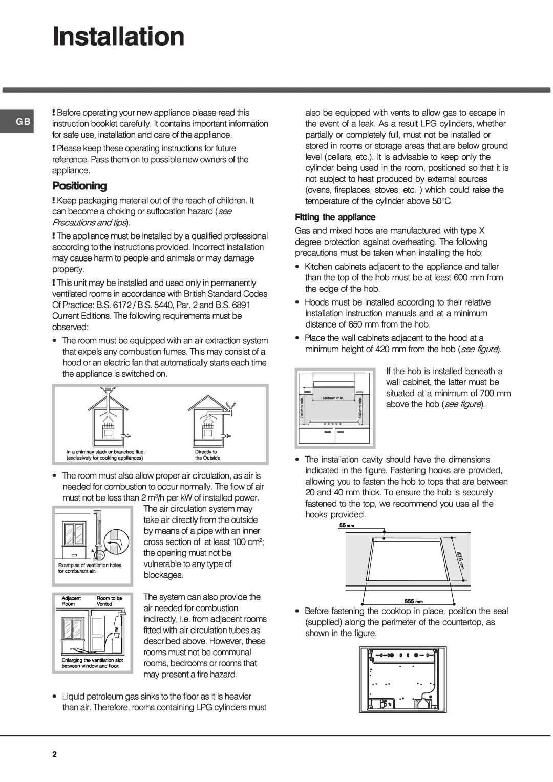 Hotpoint GQ641TSI, GQ751TSI, GE75DX specifications Installation, Positioning 