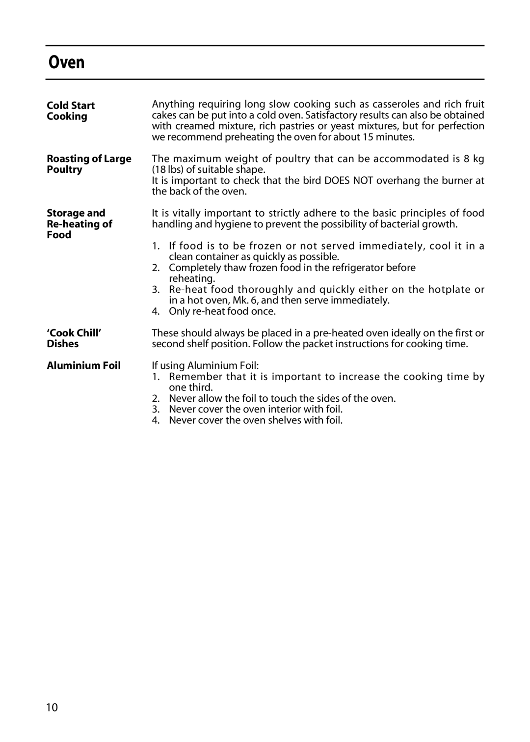 Hotpoint GW32, GWL32 manual Cold Start Cooking, Roasting of Large, Poultry, Storage, Re-heating, Food, ‘Cook Chill’, Dishes 