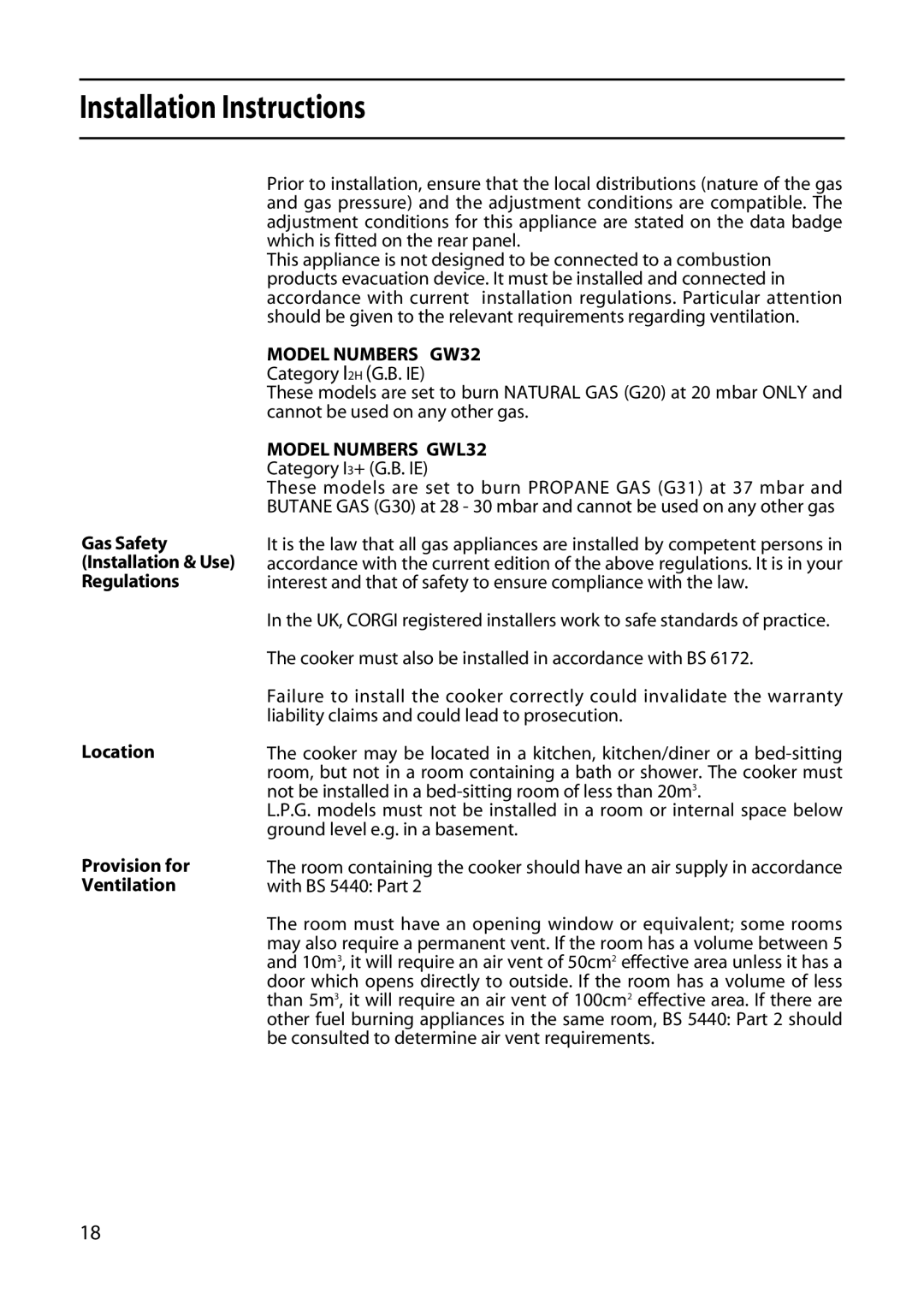 Hotpoint GWL32 manual Installation Instructions, Model Numbers GW32 