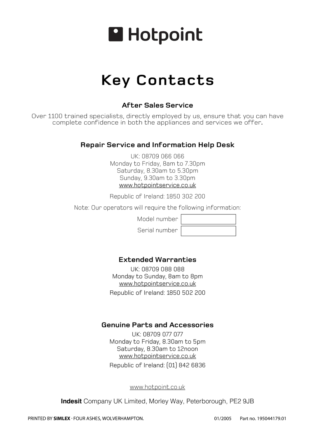 Hotpoint GW32, GWL32 manual After Sales Service, Repair Service and Information Help Desk, Extended Warranties 