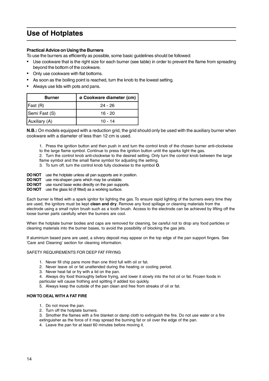 Hotpoint GW38K, GW38P, GW38G, GW38X Use of Hotplates, Practical Advice on Using the Burners, Burner Cookware diameter cm 