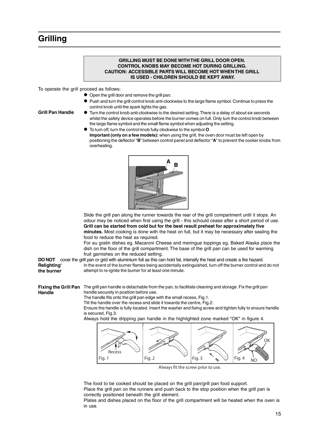 Hotpoint GW38X, GW38P, GW38G, GW38K manual Grilling, Relighting‘, Burner, Fixing the Grill Pan Handle 