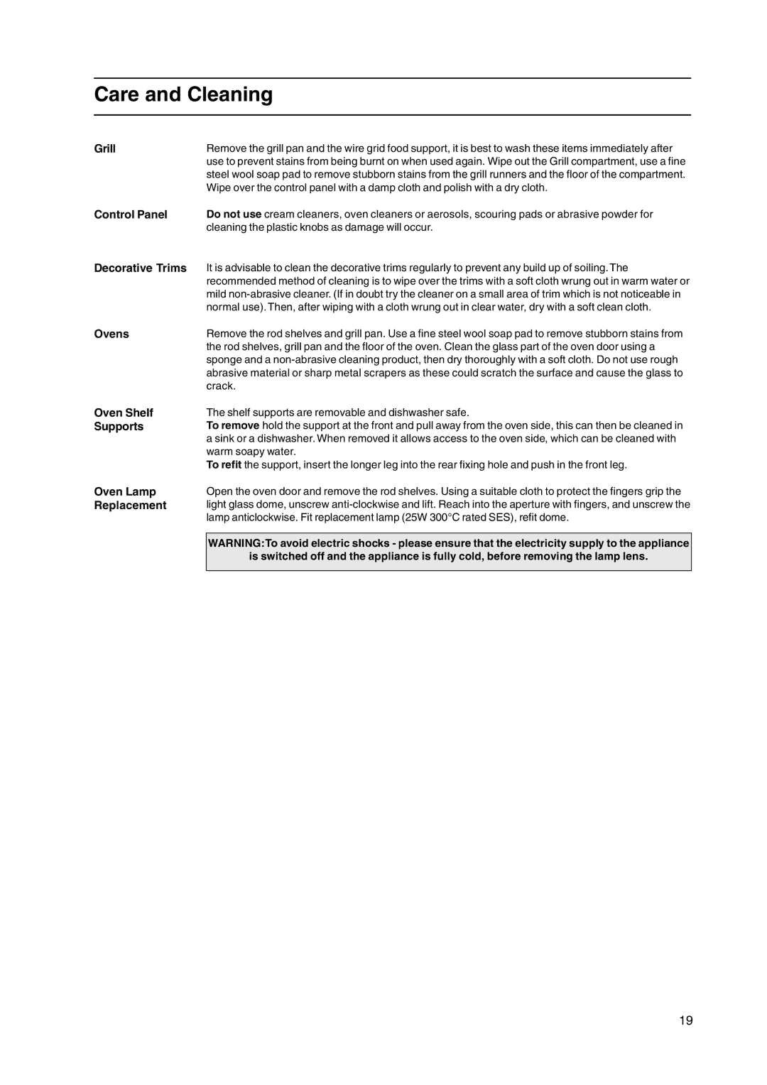 Hotpoint GW38X, GW38P, GW38G, GW38K manual Care and Cleaning 