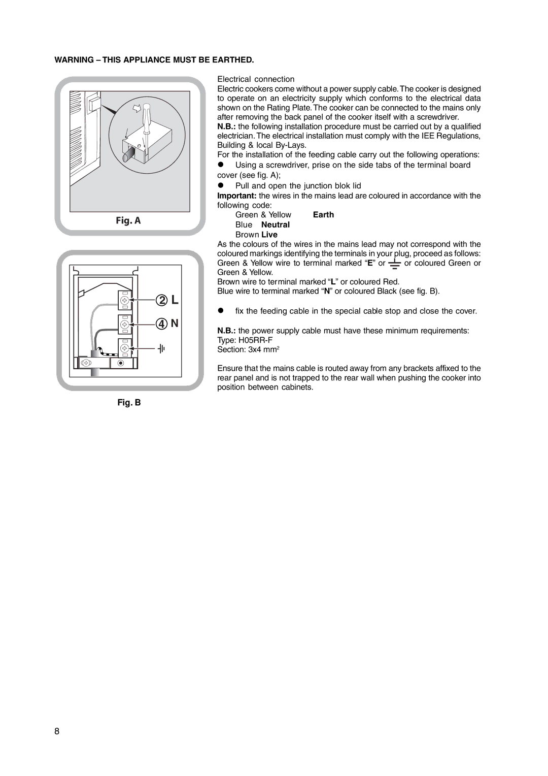 Hotpoint GW38P, GW38G, GW38K, GW38X manual Earth, Blue Neutral 