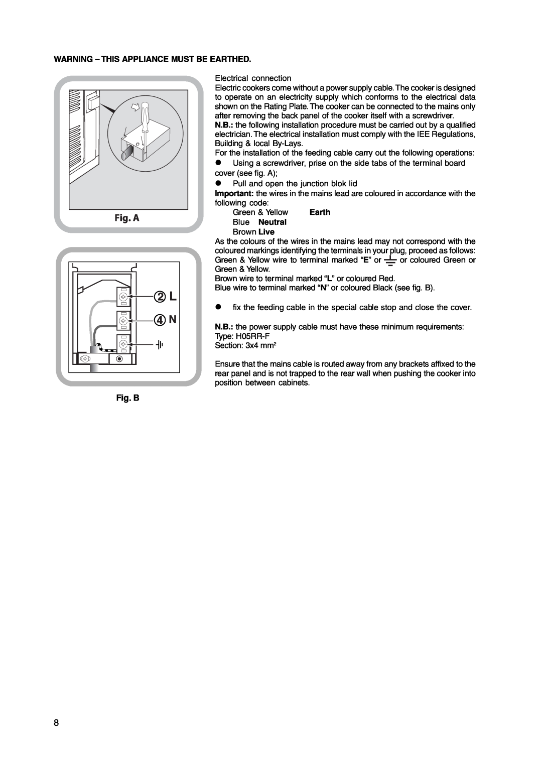 Hotpoint GW38P, GW38G, GW38K, GW38X manual 2 L, Fig. A, Fig. B, Warning - This Appliance Must Be Earthed, Blue Neutral 
