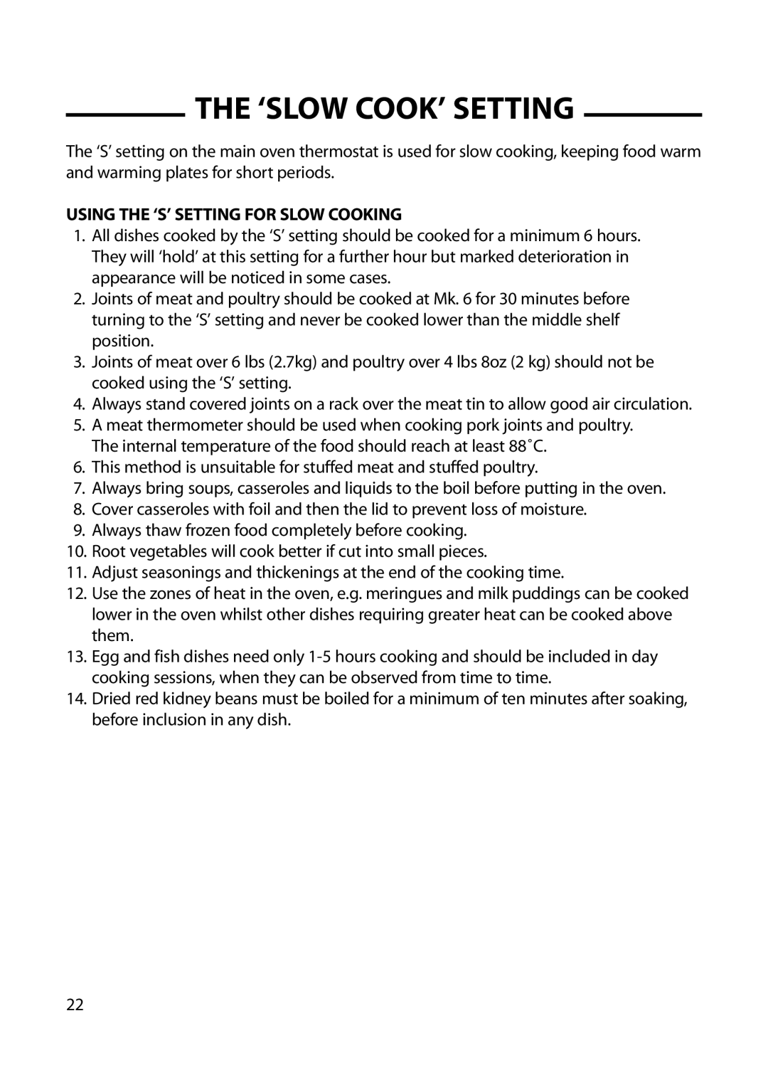 Hotpoint GW62, GW66, GW54, 6 DOG manual ‘SLOW COOK’ Setting, Using the ‘S’ Setting for Slow Cooking 