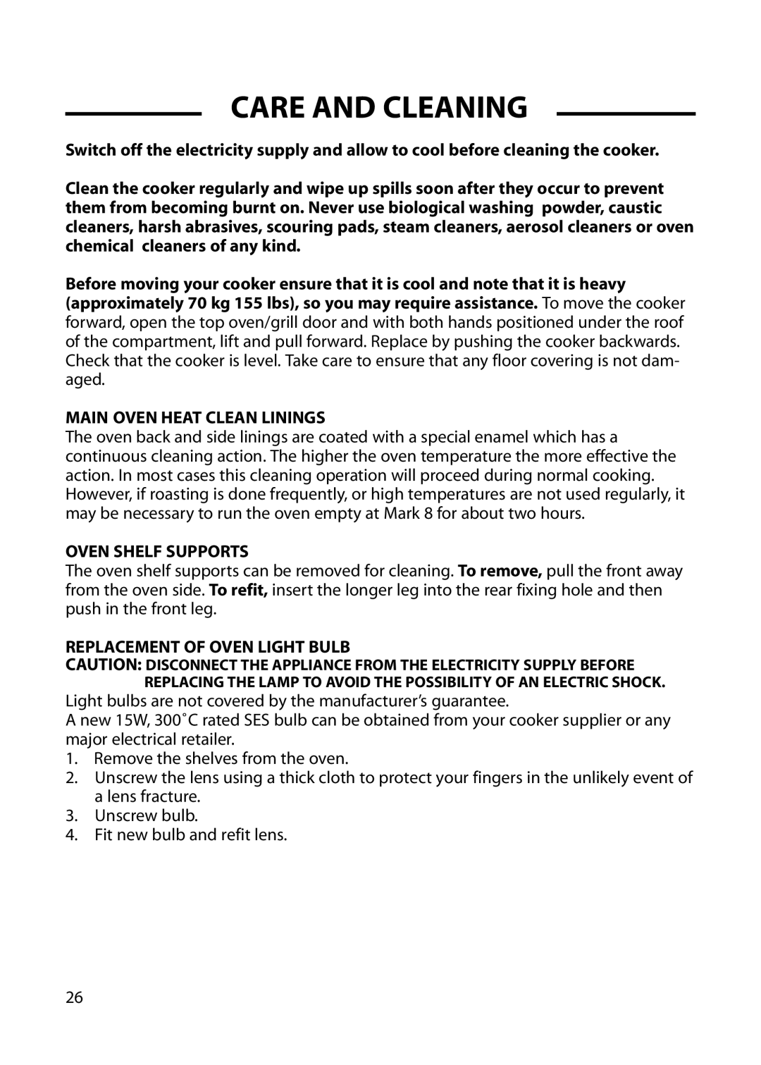 Hotpoint GW62, GW66 Care and Cleaning, Main Oven Heat Clean Linings, Oven Shelf Supports, Replacement of Oven Light Bulb 