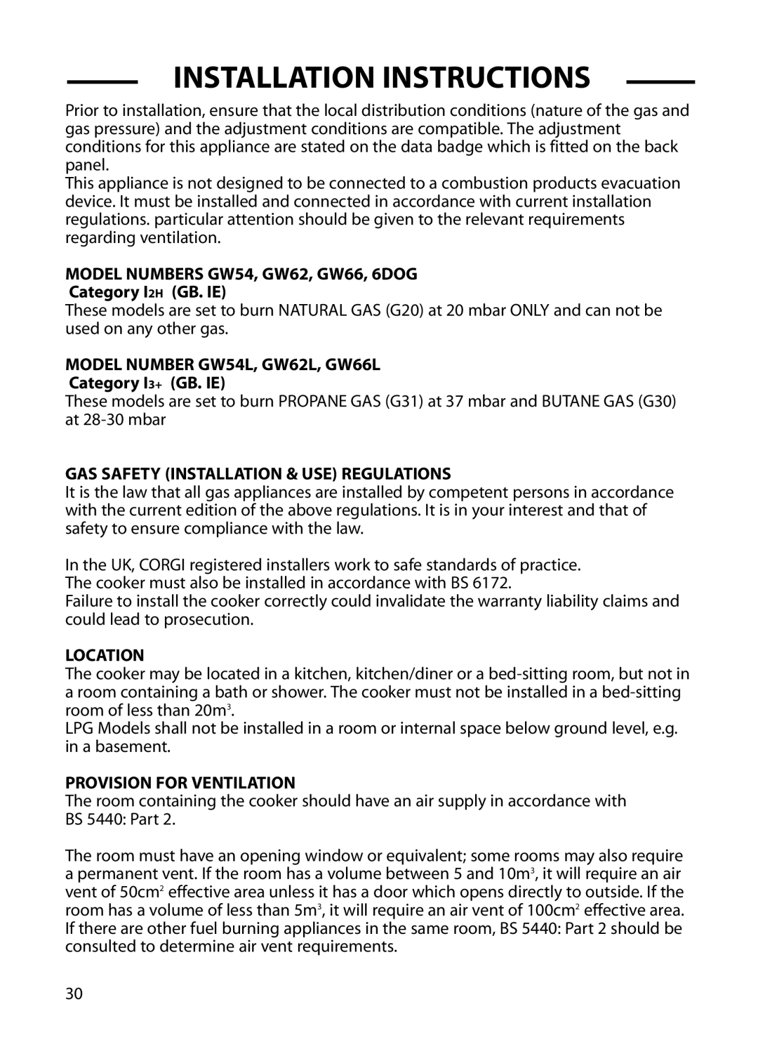 Hotpoint GW62, GW66, GW54, 6 DOG manual Installation Instructions 