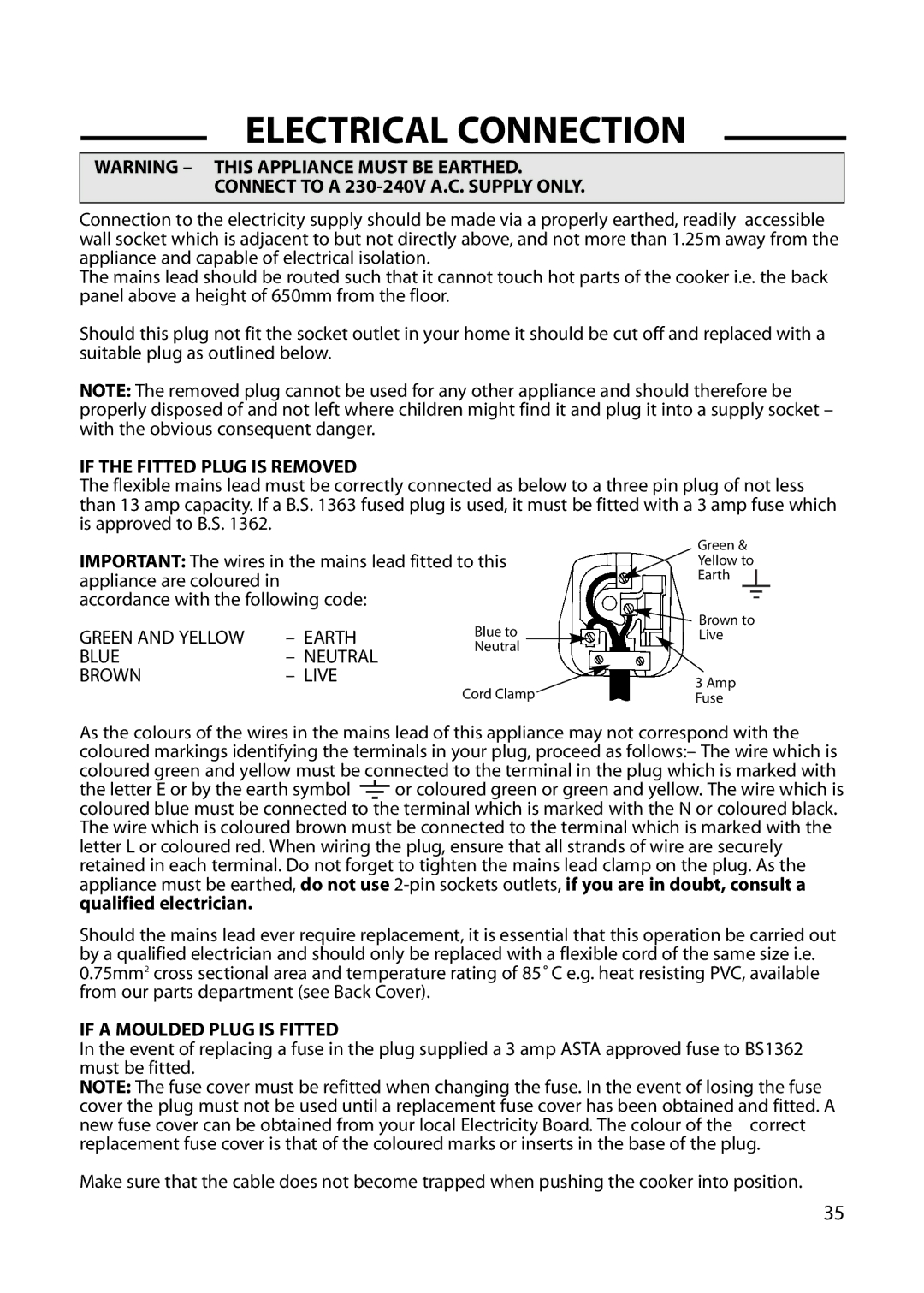 Hotpoint 6 DOG, GW66, GW54, GW62 manual Electrical Connection, Connect to a 230-240V A.C. Supply only 