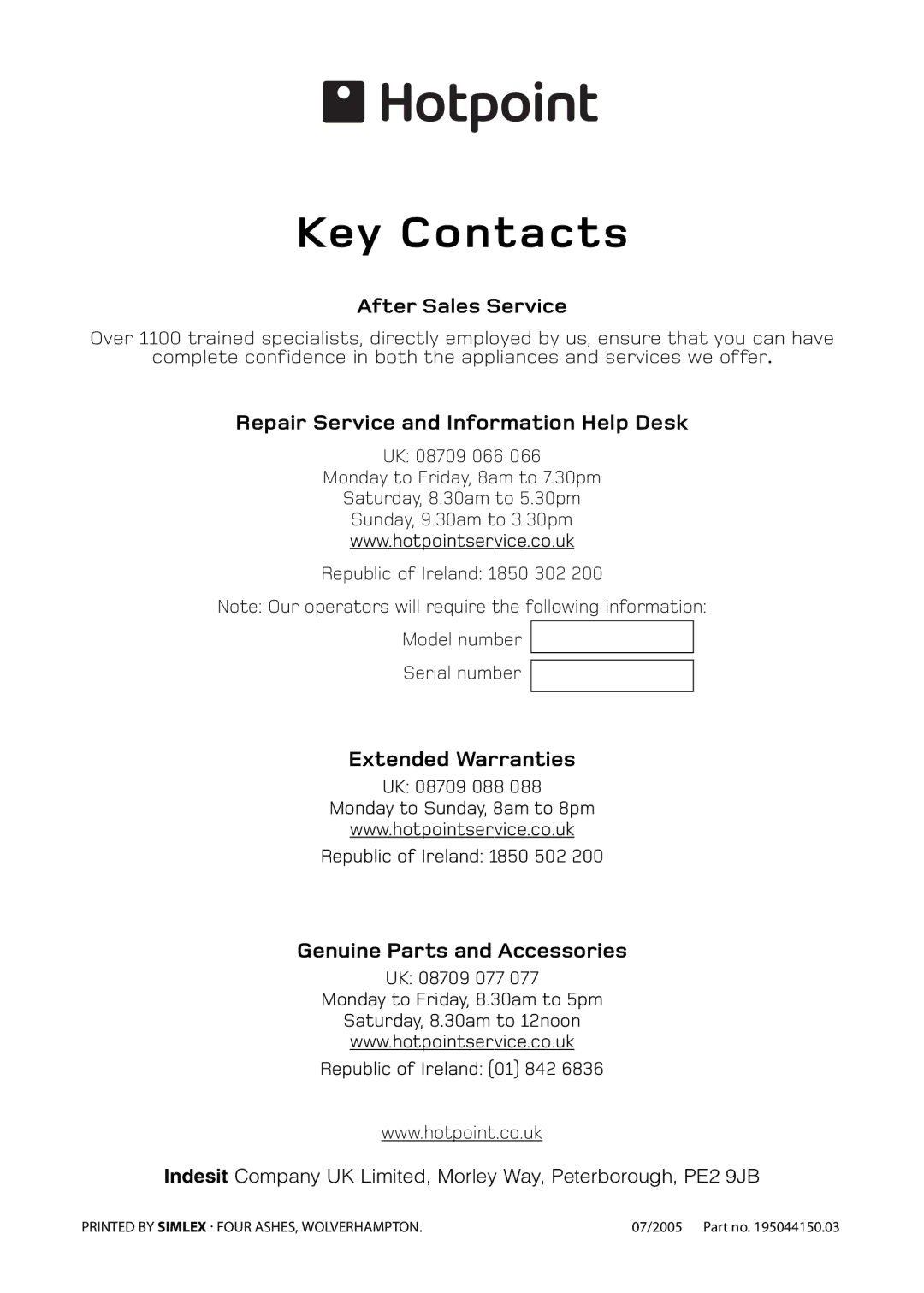 Hotpoint GW66, GW54, GW62, 6 DOG manual After Sales Service, Repair Service and Information Help Desk, Extended Warranties 