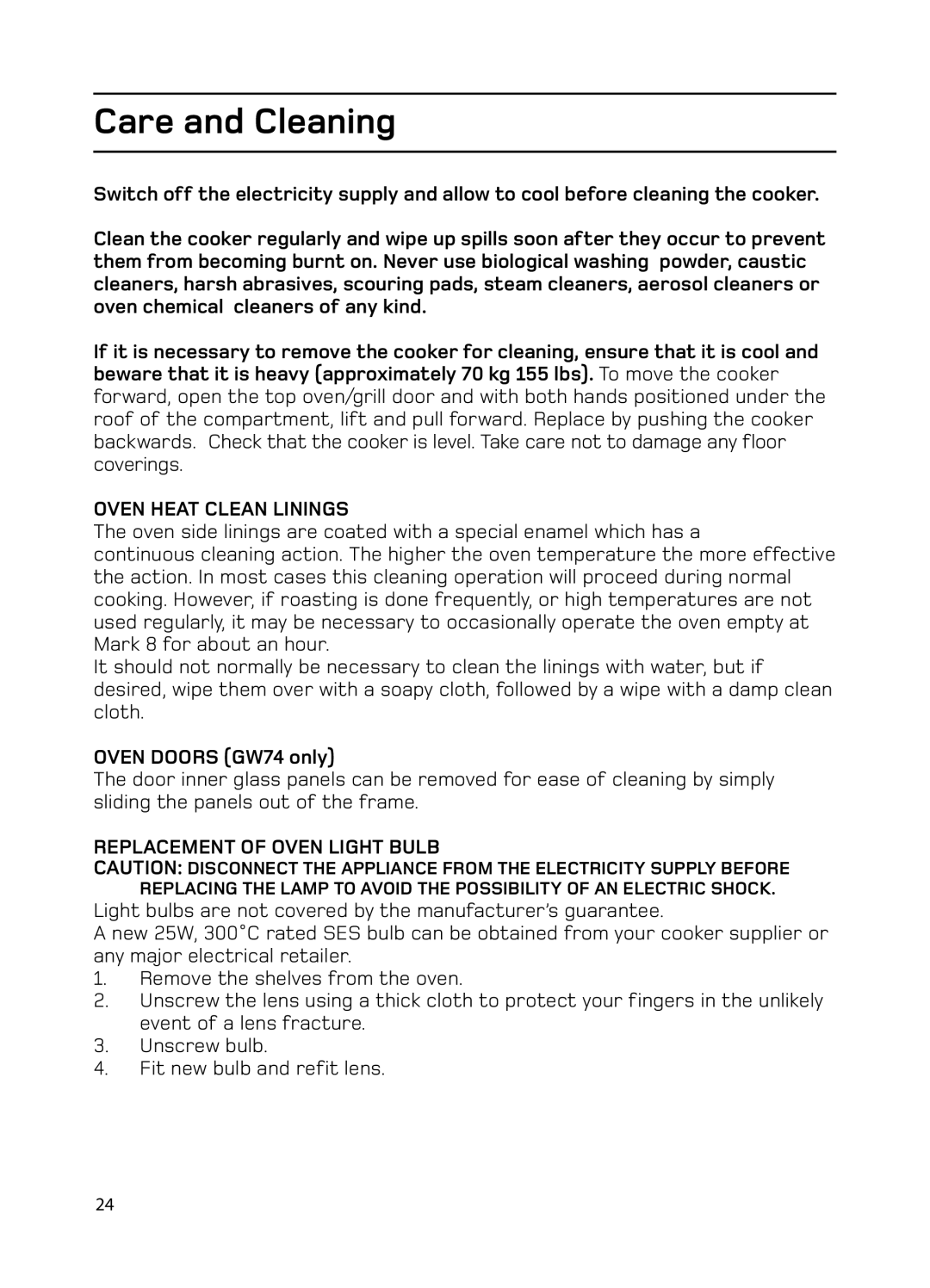 Hotpoint manual Care and Cleaning, Oven Heat Clean Linings, Oven Doors GW74 only, Replacement of Oven Light Bulb 