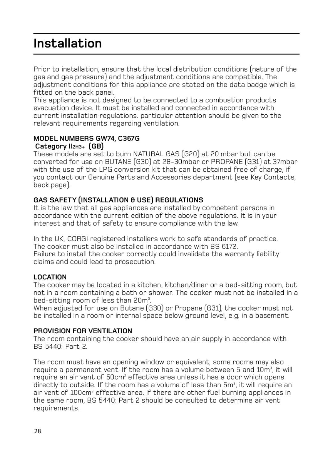 Hotpoint Model Numbers GW74, C367G, GAS Safety Installation & USE Regulations, Location, Provision for Ventilation 