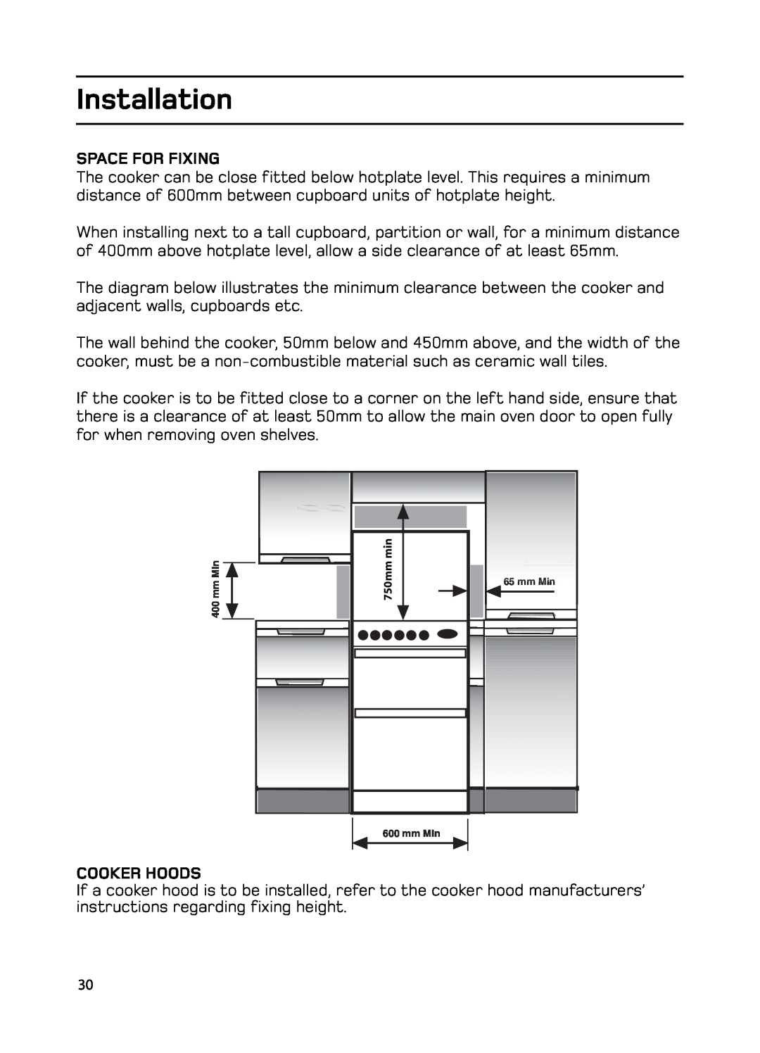 Hotpoint GW74 manual Space For Fixing, Cooker Hoods, Installation, 750mm 