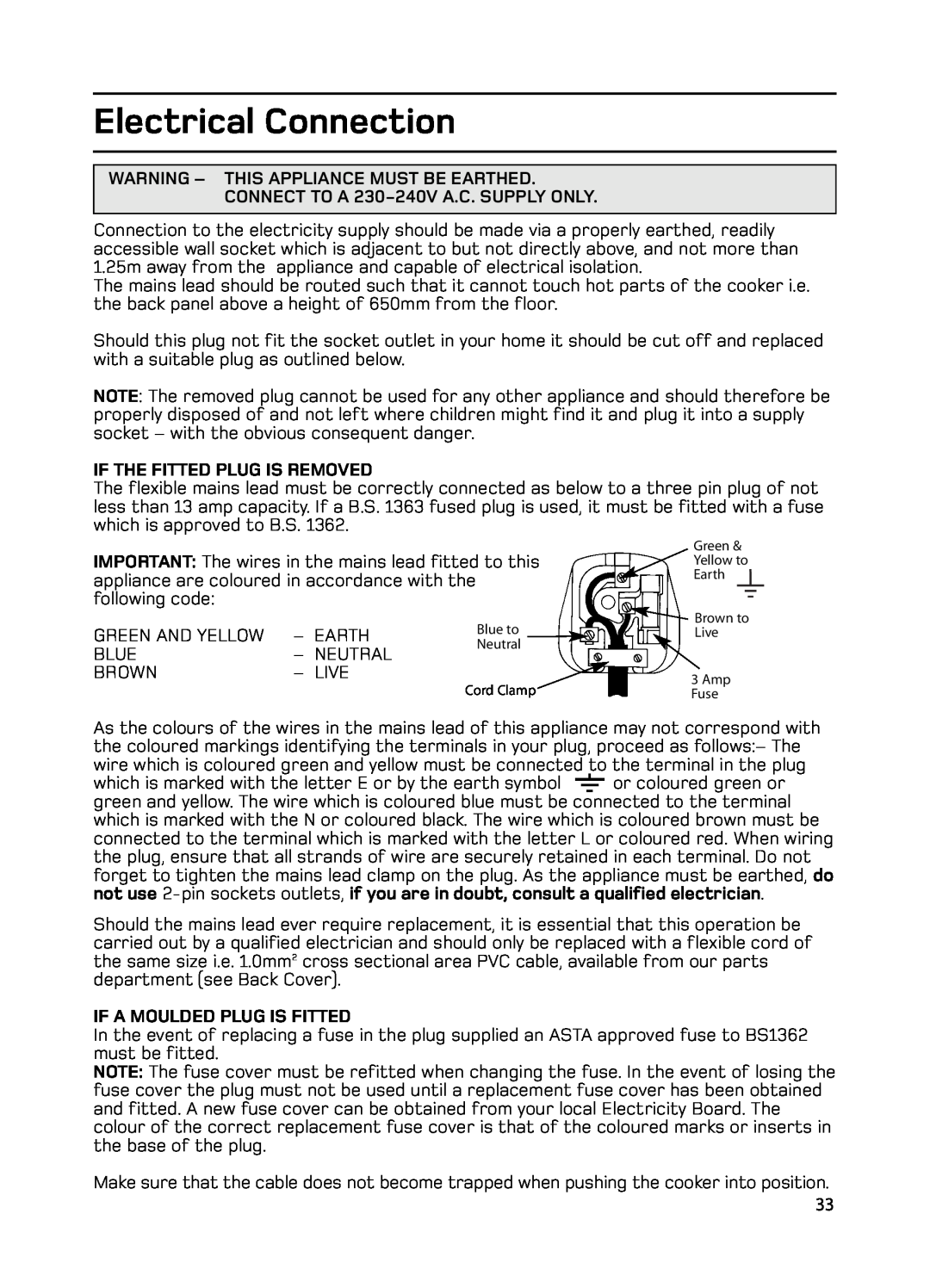 Hotpoint GW74 manual Electrical Connection, Warning - This Appliance Must Be Earthed, CONNECT TO A 230-240VA.C. SUPPLY ONLY 