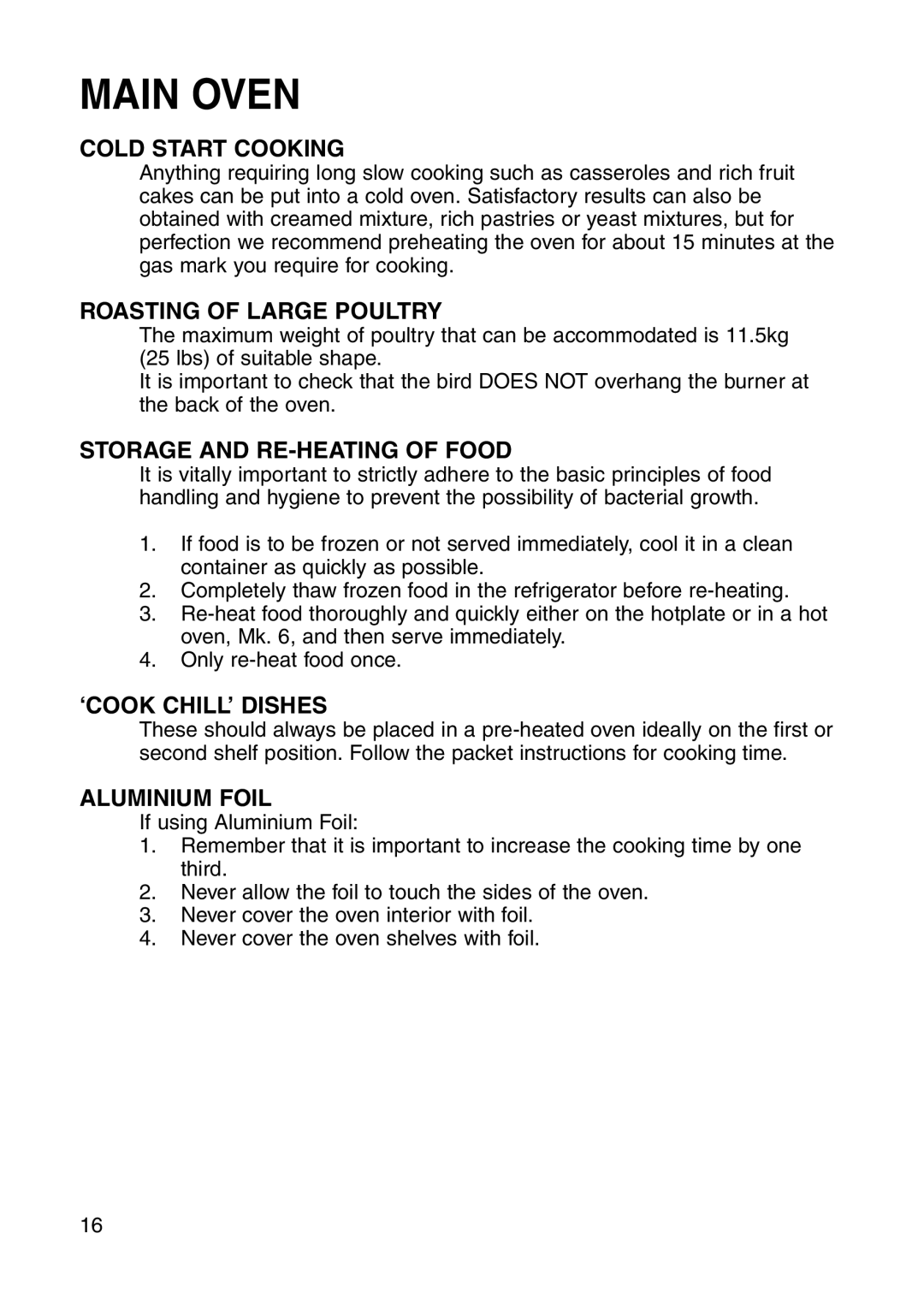 Hotpoint GW81 manual Cold Start Cooking, Roasting of Large Poultry, Storage and RE-HEATING of Food, ‘COOK CHILL’ Dishes 