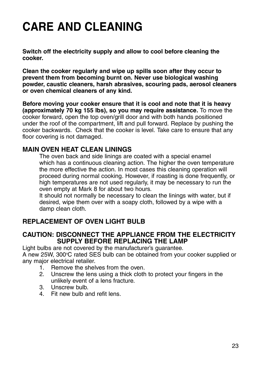 Hotpoint GW81 manual Care and Cleaning, Main Oven Heat Clean Linings, Replacement of Oven Light Bulb 